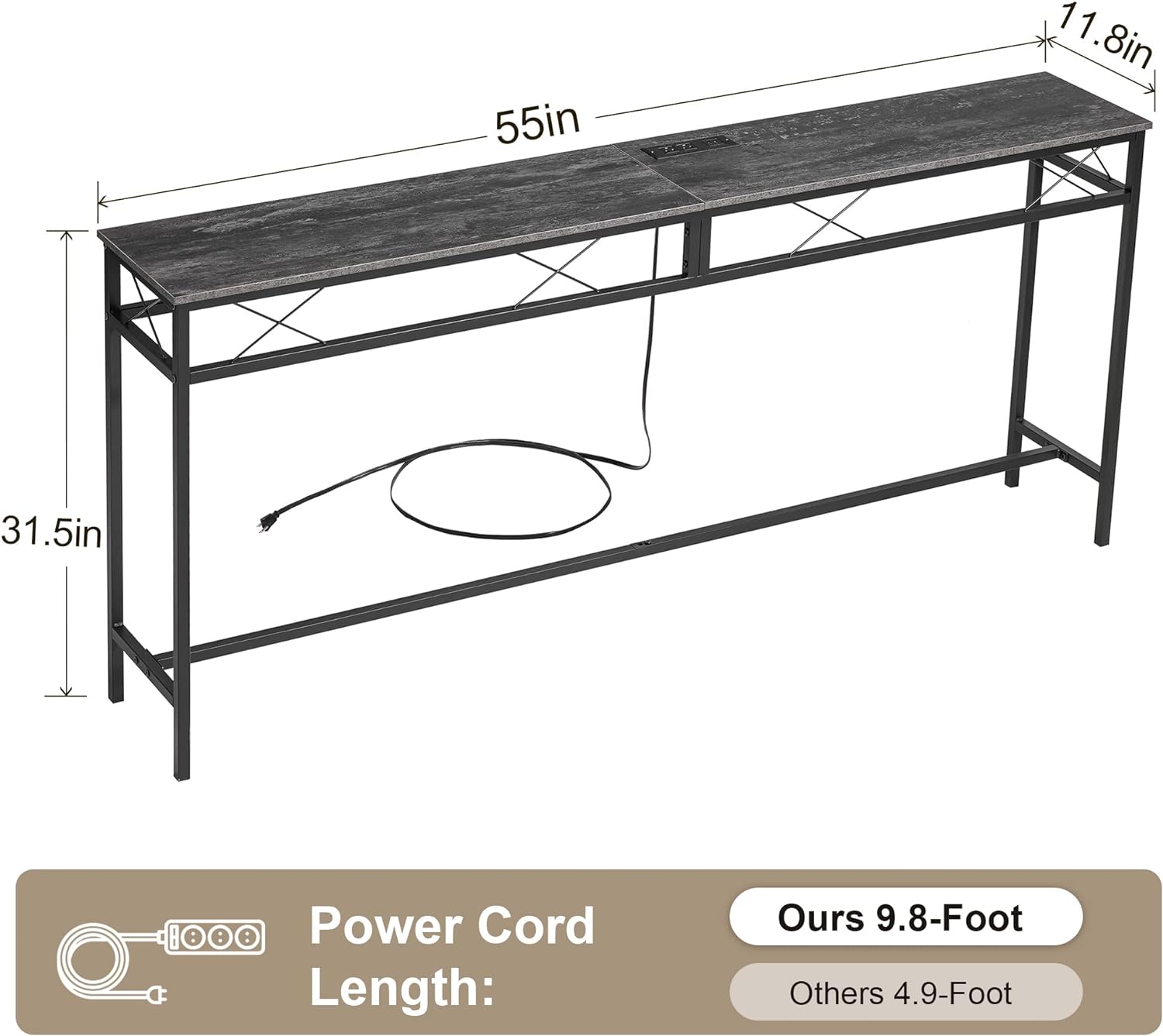 VECELO Extra Long Narrow Sofa/Console Table with Charging Station & Power Outlet and USB Ports
