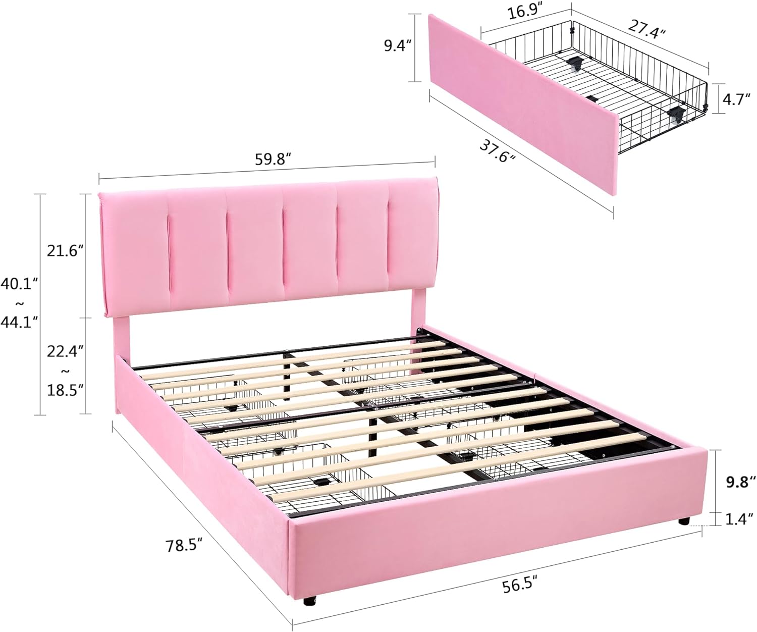 VECELO Upholstered Bed Frame with 4 Storage Drawers and Adjustable Velvet Headboard