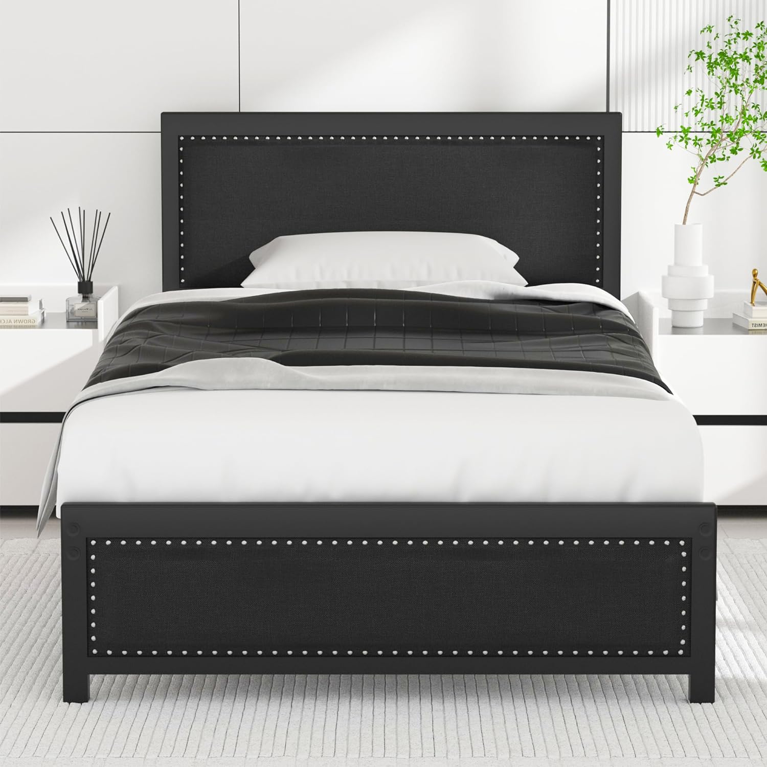 VECELO Bed Frame with Linen Fabric Headboard and Footboard No Box Spring Needed - VECELO