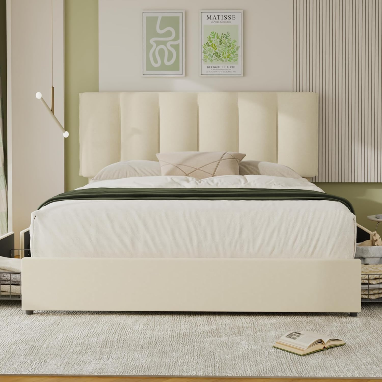 VECELO Upholstered Bed Frame with 4 Storage Drawers and Adjustable Velvet Headboard