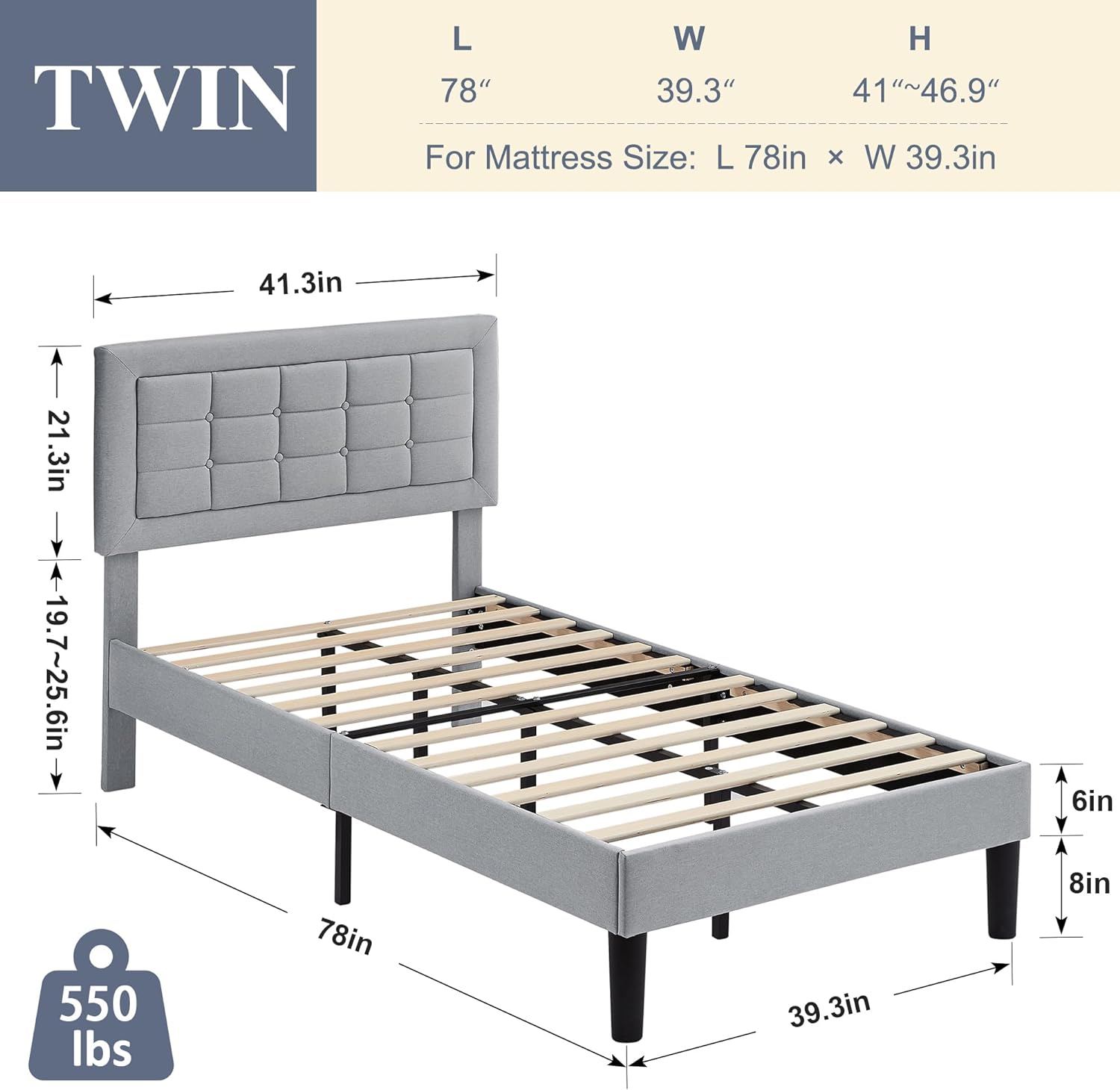 VECELO Upholstered Platform Bed Frame with Height Adjustable Headboard