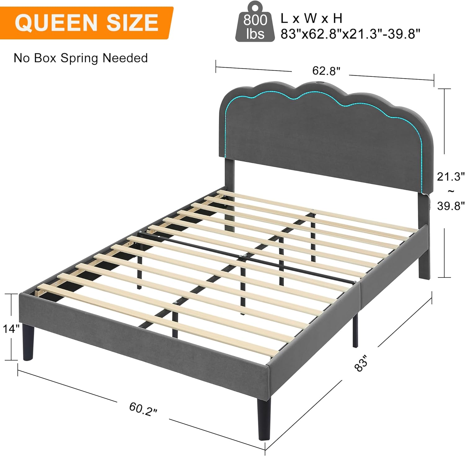 VECELO Upholstered Velvet Platform Bed Frame with Headboard Adjustable, LED Lights, USB-A & Type-C
