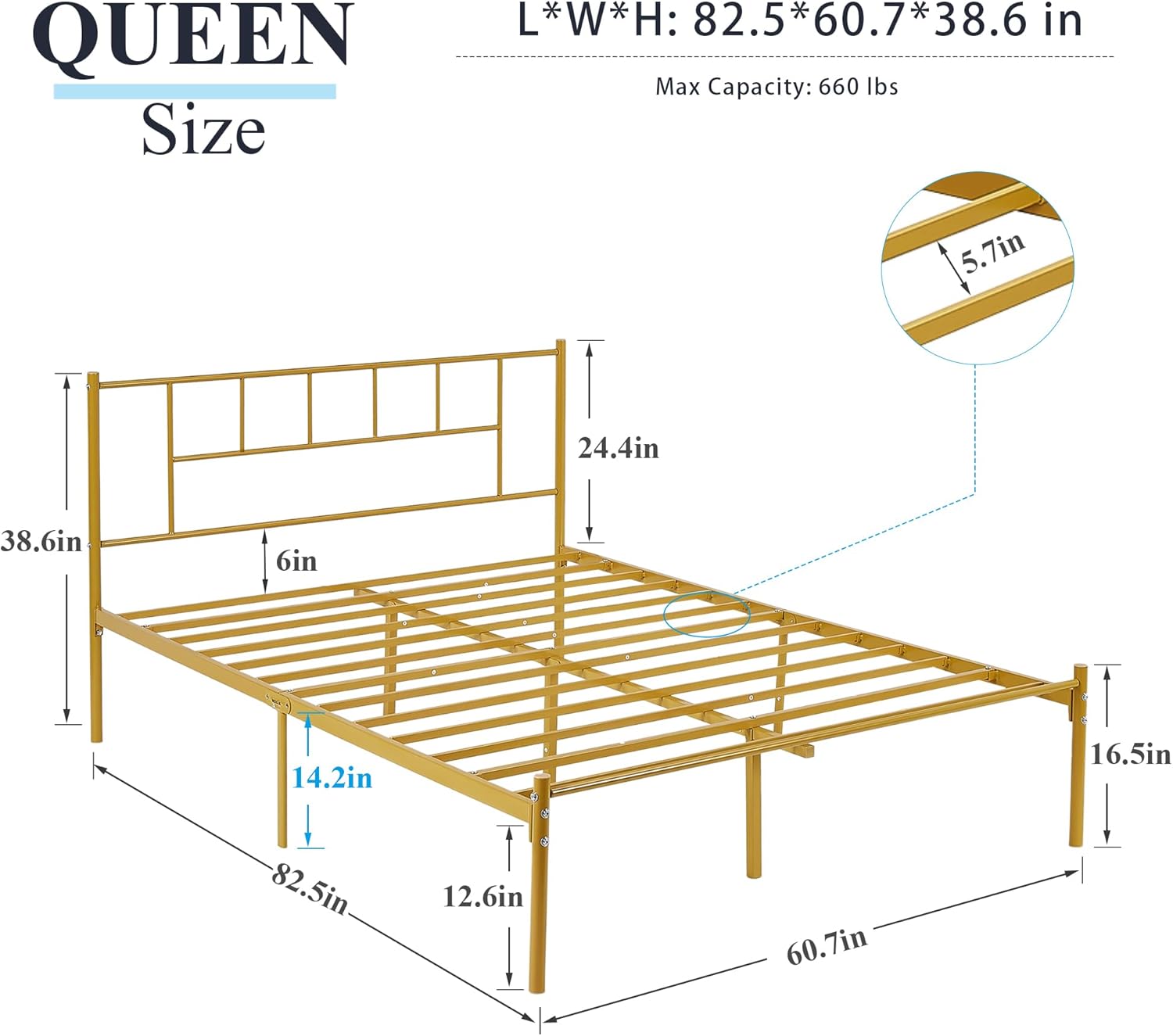 VECELO Bed Frame, 14 Inch Metal Platform with Headboard, Heavy Duty Steel Slat Support - VECELO