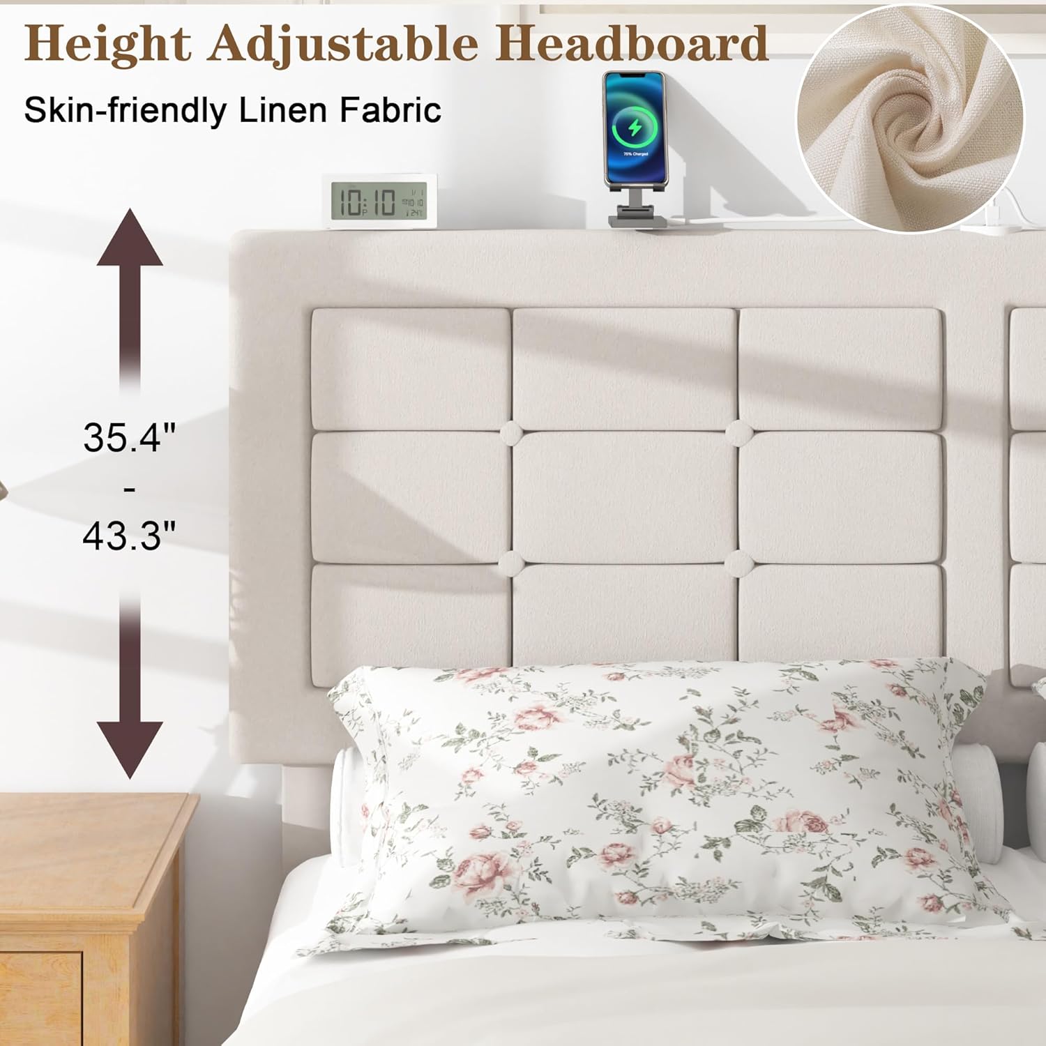 VECELO Bed Frame with 4 Drawers, Adjustable Tufted Button Headboard