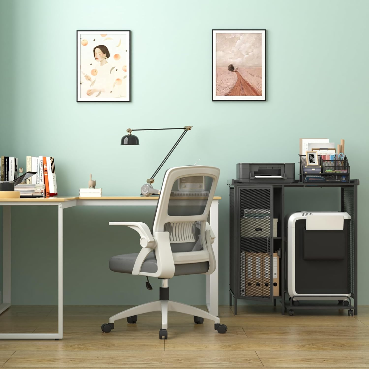 VELELO Printer Desk with Rolling Paper Shredder Stand