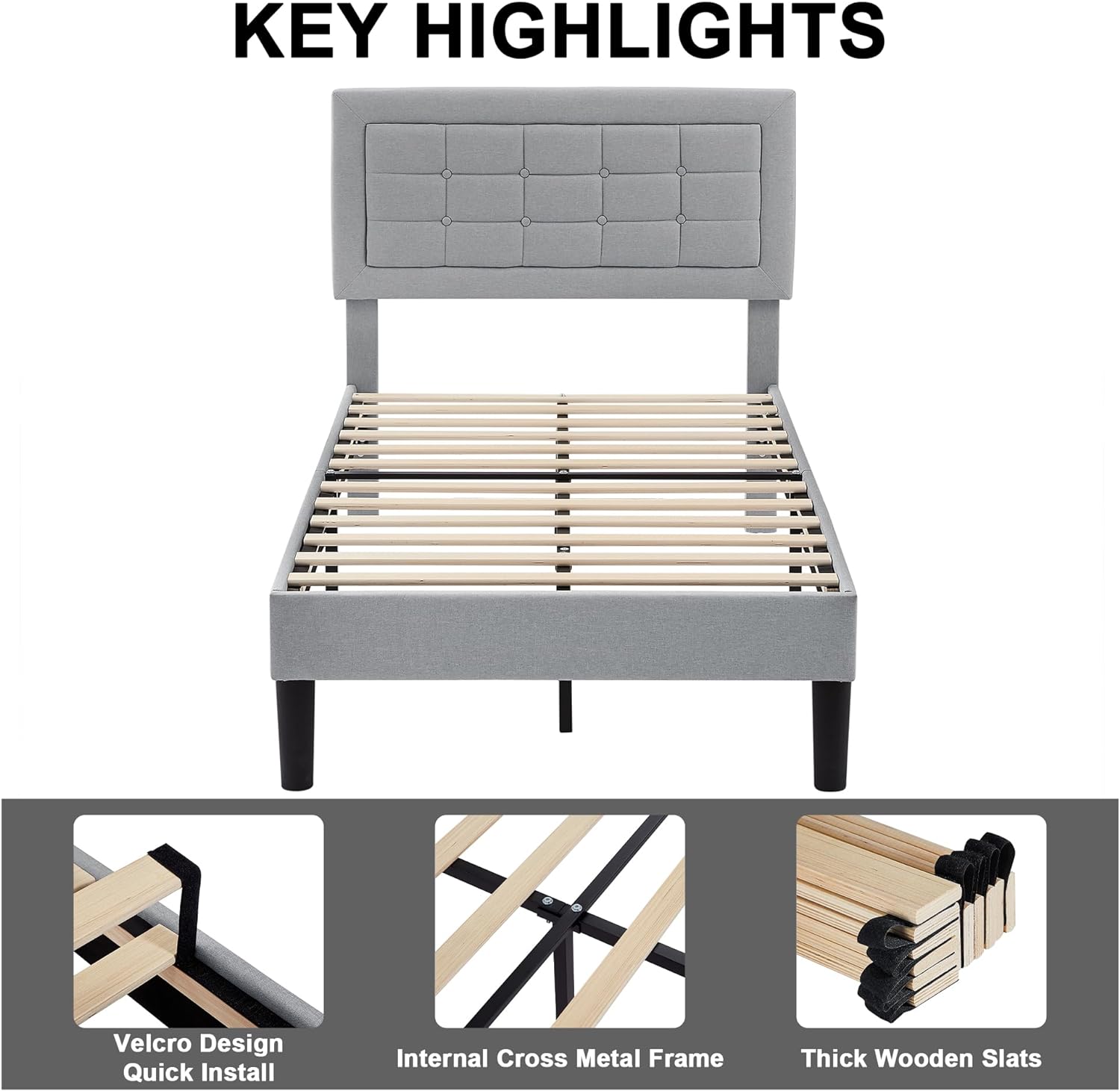 VECELO Upholstered Platform Bed Frame with Height Adjustable Headboard