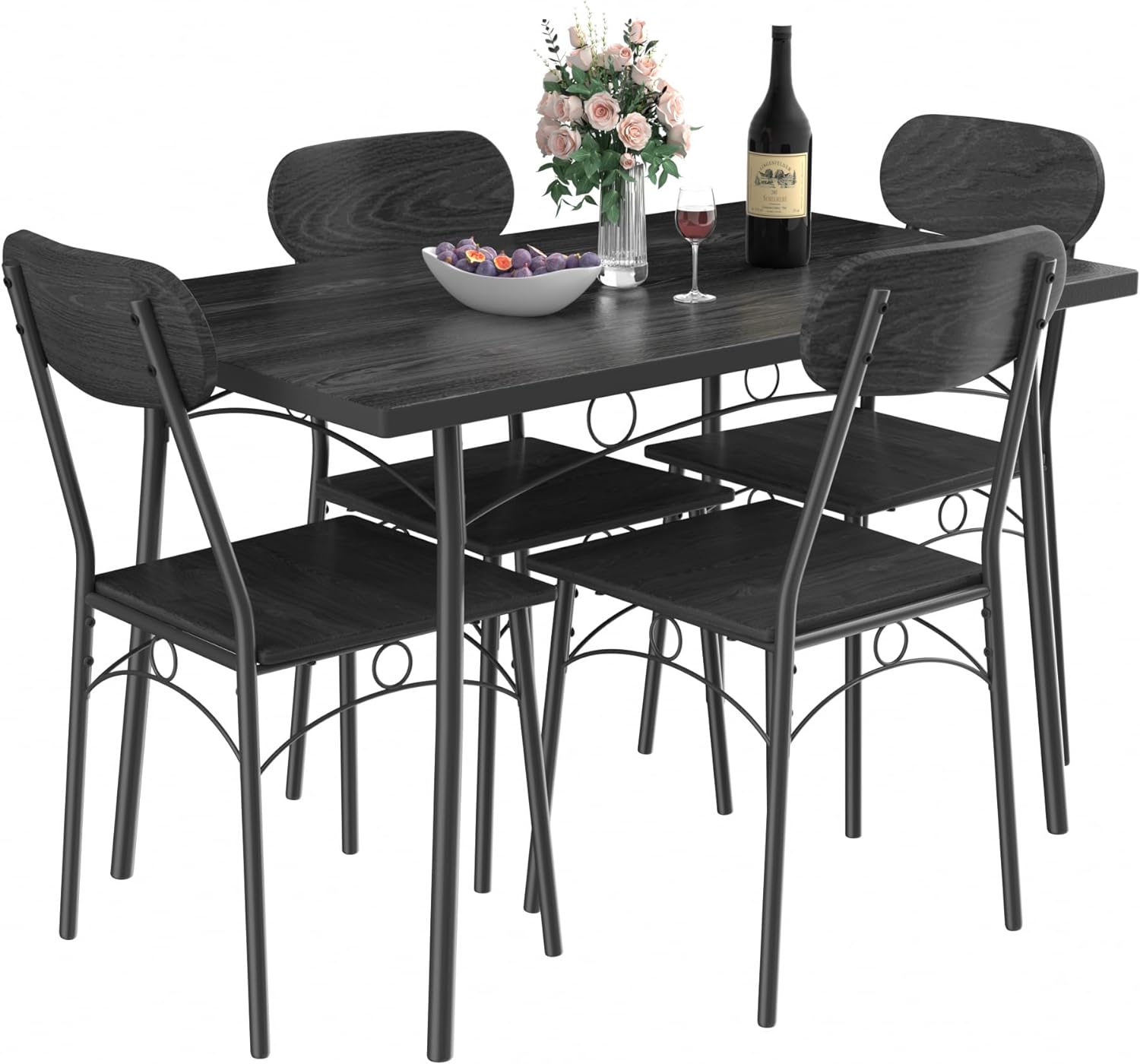 VECELO Farmhouse Style 5 Piece Dining Table Set Metal and Wood Rectangular Table with 4 Chairs - VECELO