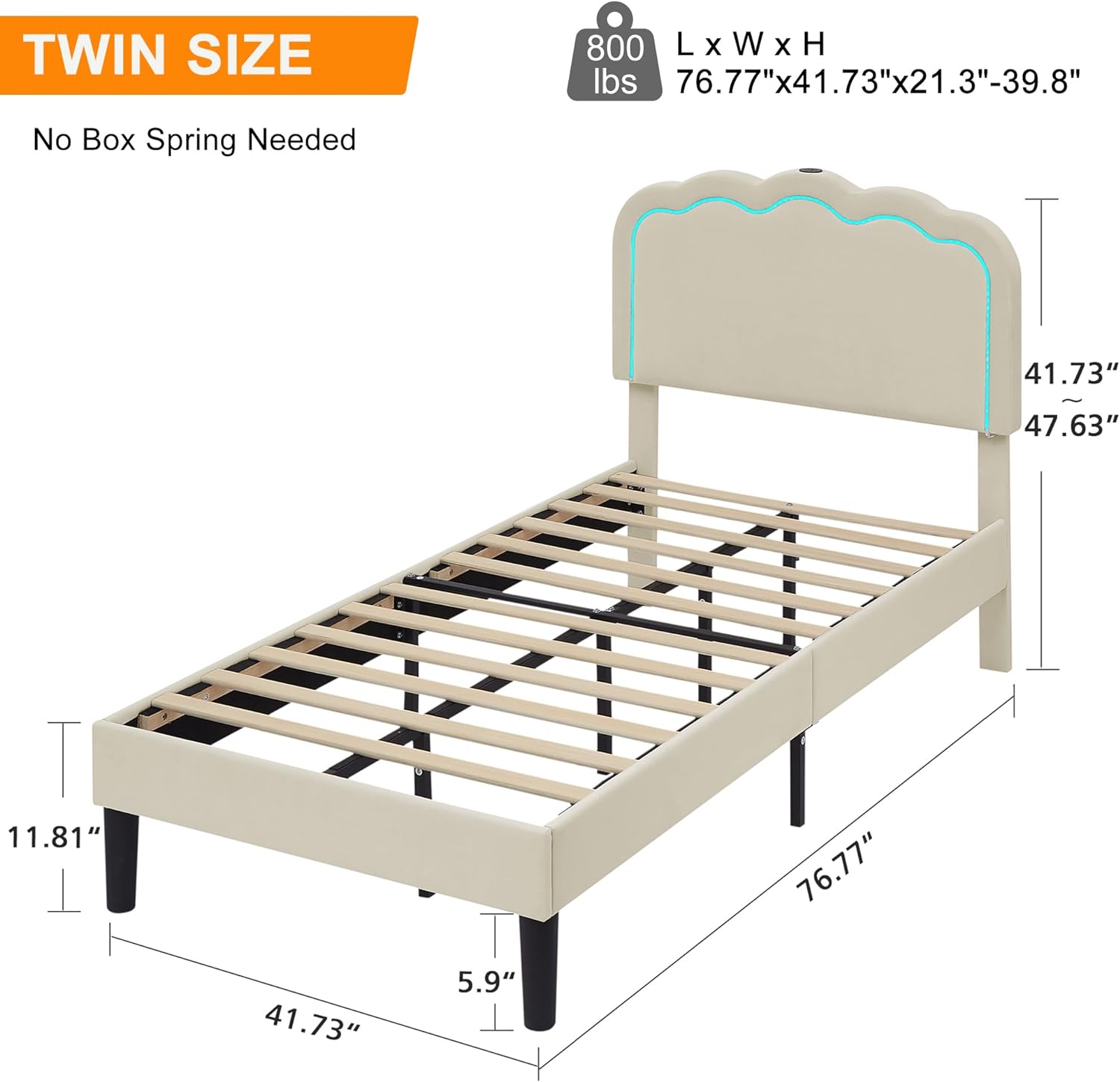 VECELO Upholstered Velvet Platform Bed Frame with Headboard Adjustable, LED Lights, USB-A & Type-C