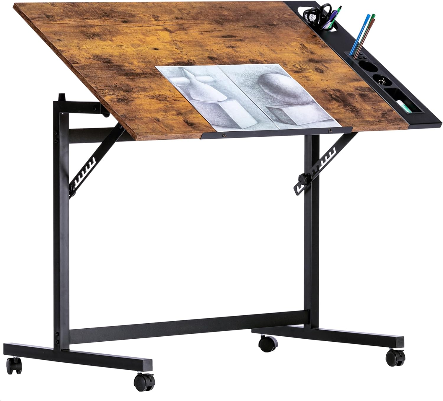 VECELO Vintage Drawing Drafting Table, Adjustable Tilting Top Art Desk Craft Work Station