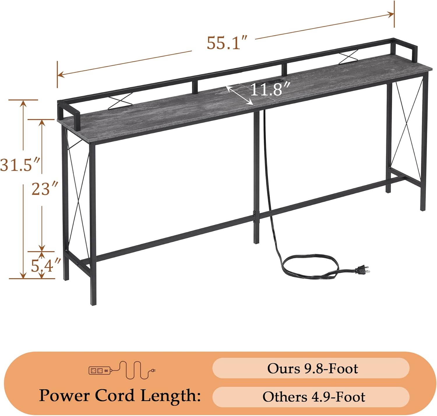 VECELO 55.1" Console Table with 2 Outlet and 2 USB Ports for Couch Side