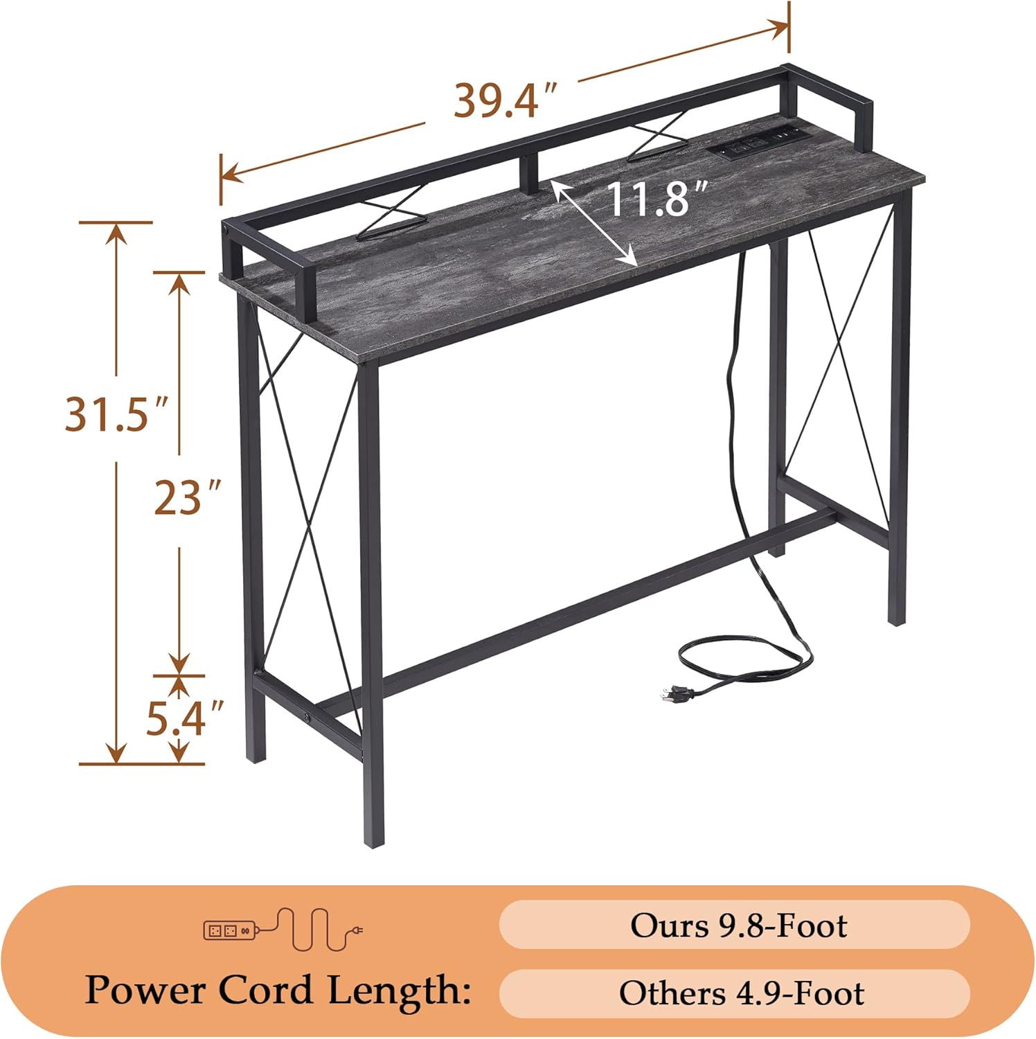 VECELO 39.4" Couch Side & Console Table with 2 Outlet and 2 USB Ports