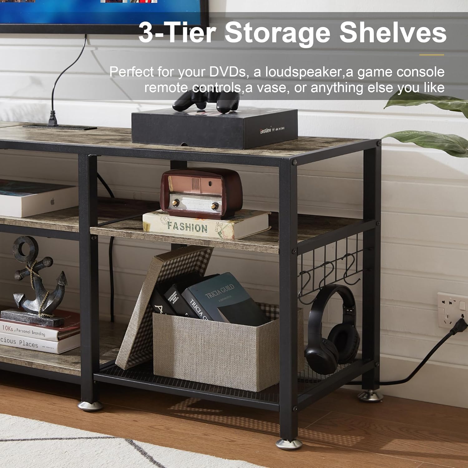 VECELO 63" TV Stand with Power Outlets for 55/60/65/70 Inch Television