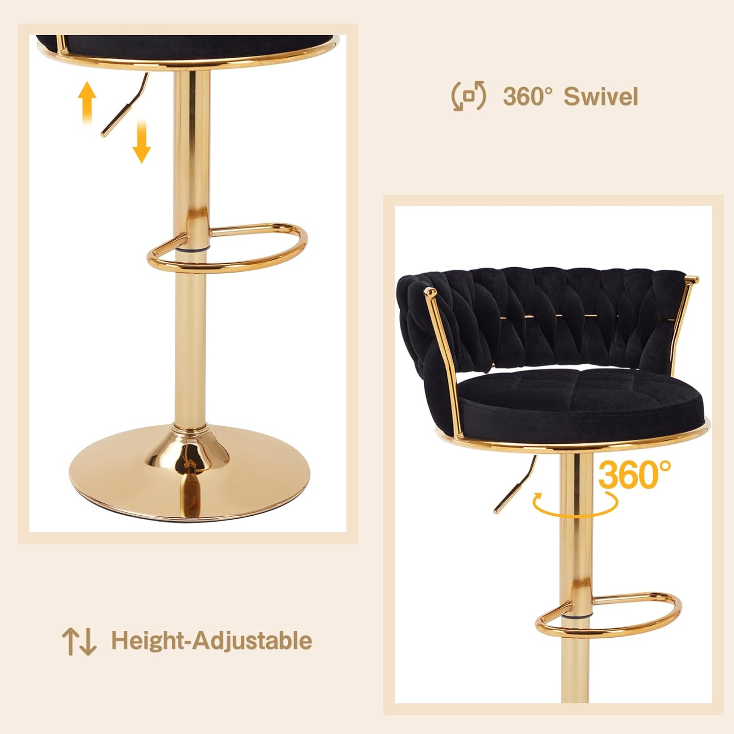 VECELO Bar Stools Set of 2, Adjustable Barstools Counter Height Stools with Back and Arm - VECELO