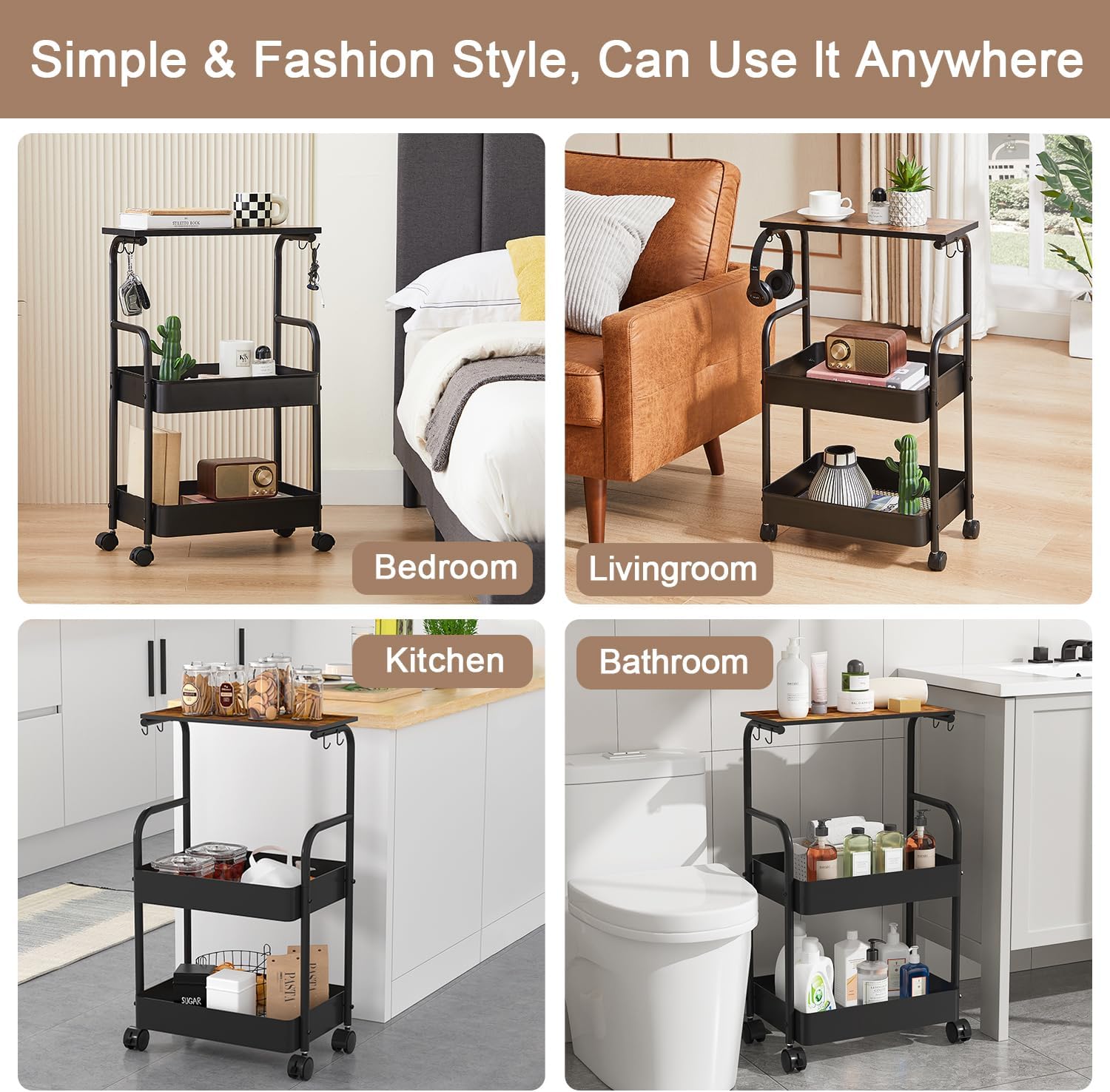 Storage Rolling Cart, 3 Tier Utility Cart Storage Unit Organizers