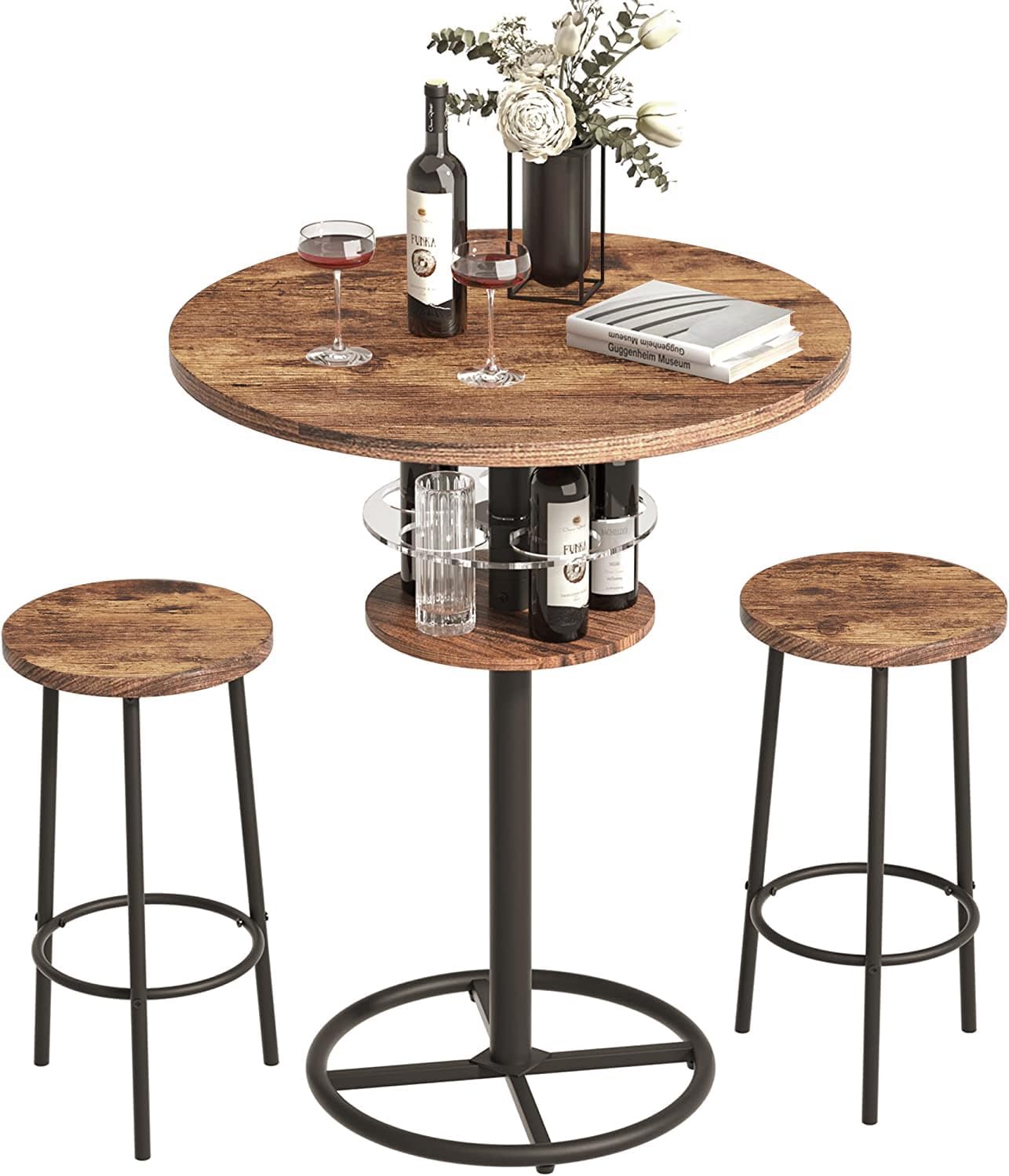 VECELO 3 Piece Bar Table Set, Small 2-Tier Round Pub Table with Barstools - VECELO