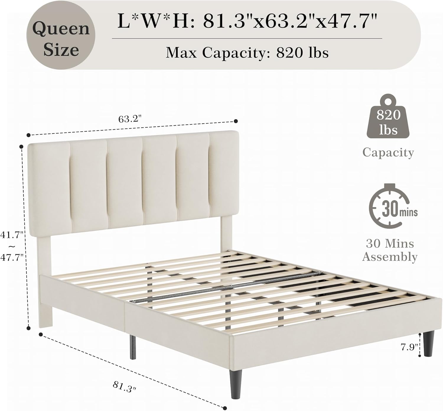 VECELO Modern Upholstered Platform Bedframe, Adjustable Headboard