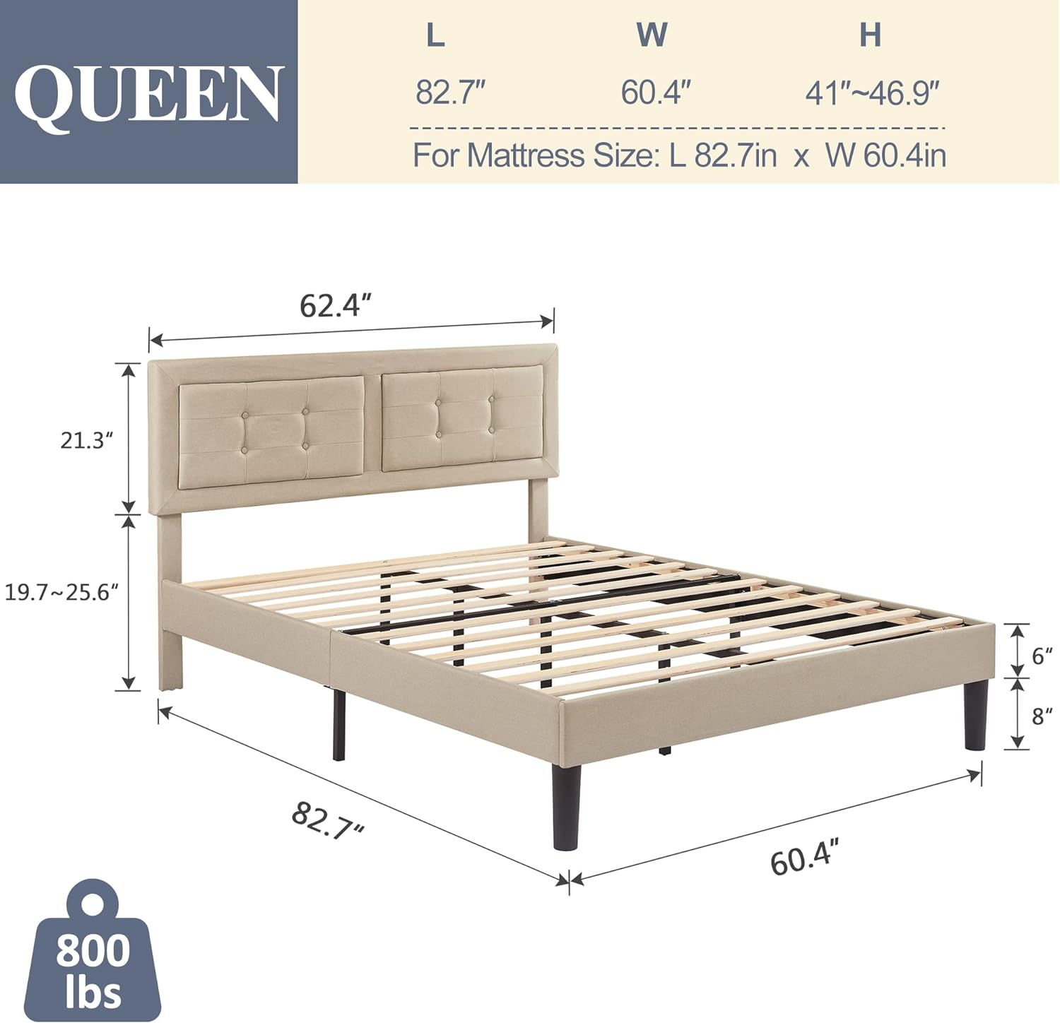 VECELO Upholstered Platform Bed Frame with Height Adjustable Headboard
