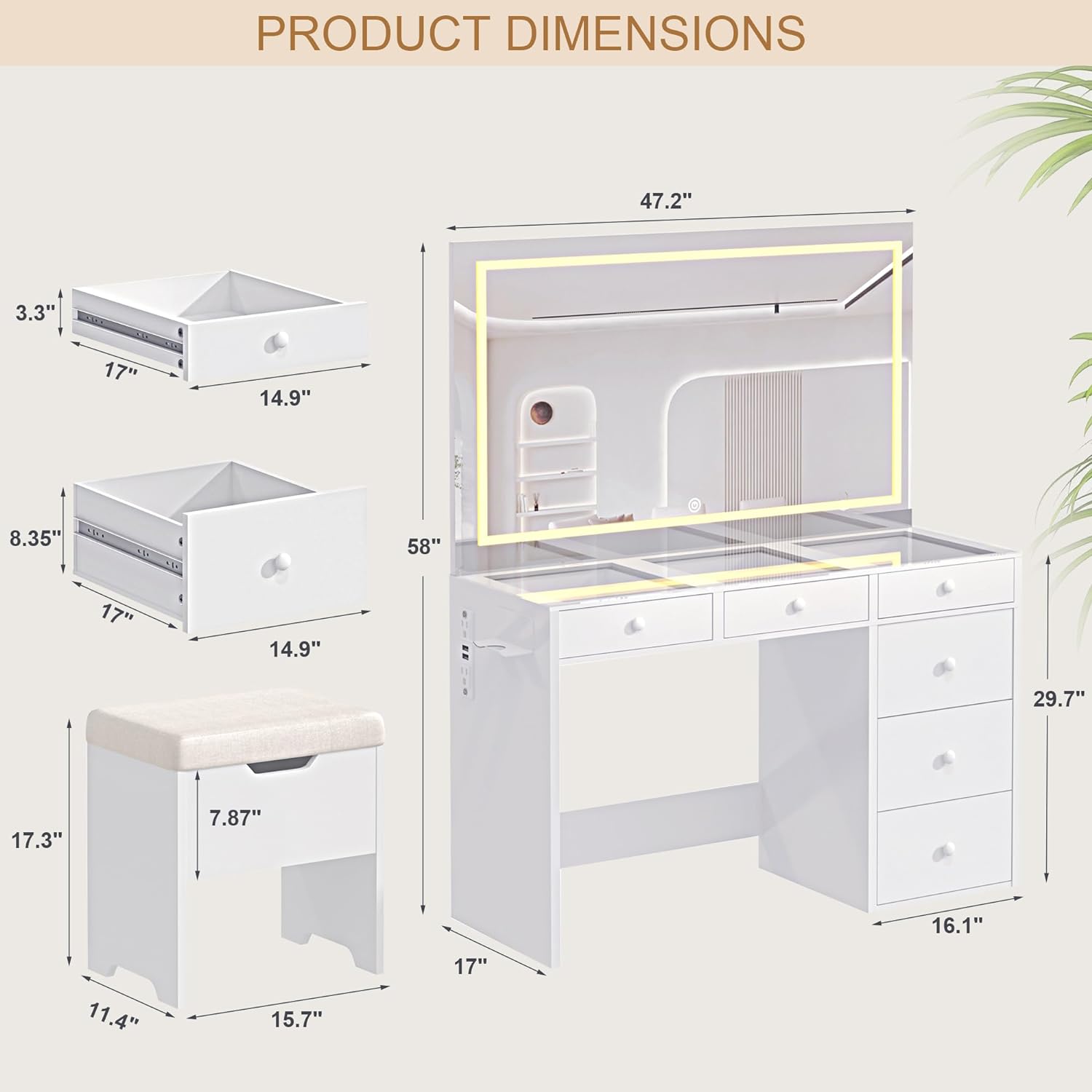 Vanity Desk Set with Adjustable LED Lighted Mirror & Power Outlet