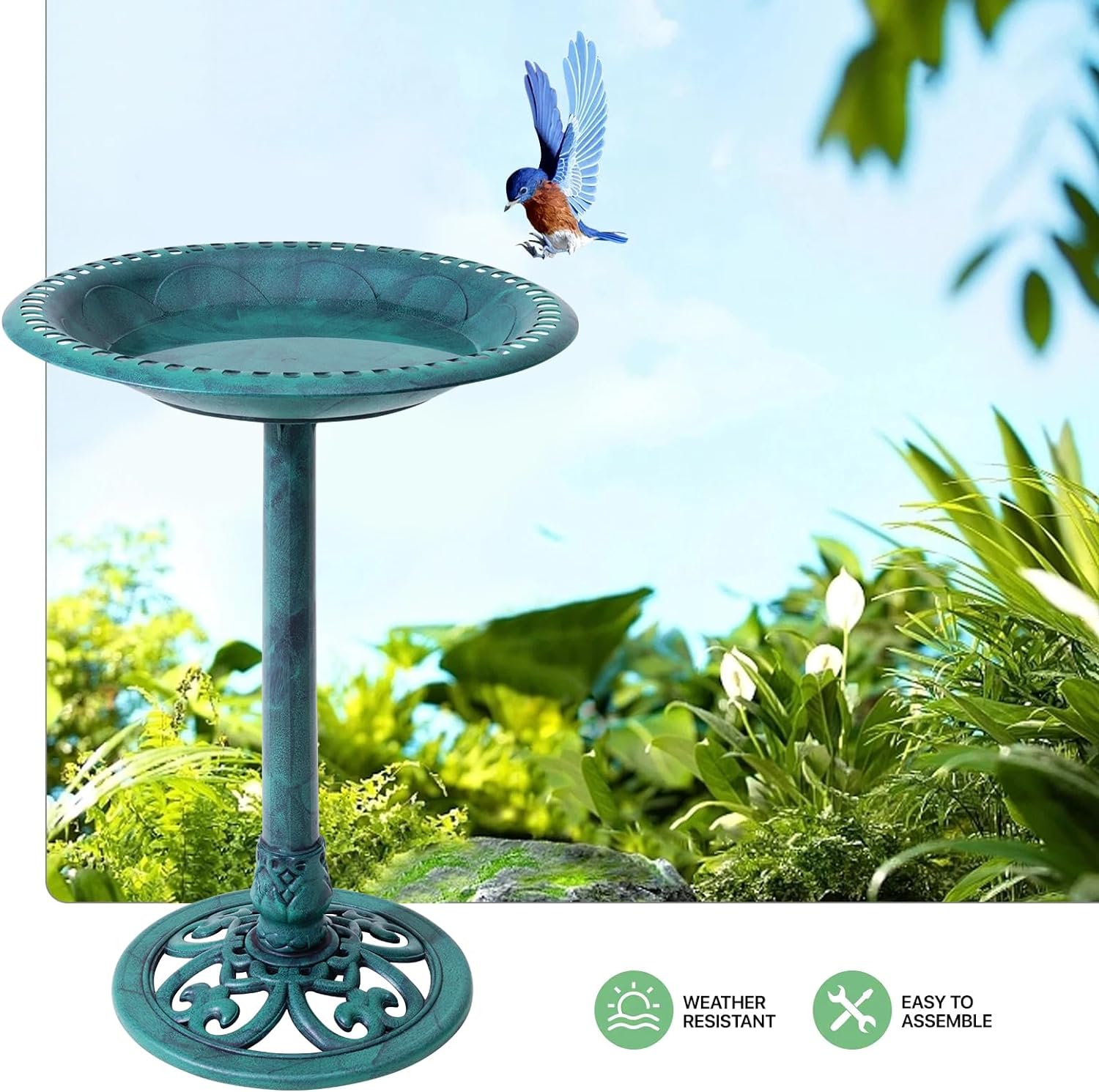 VECELO 28" Pedestal Outdoor Bird Bath with Solar Powered Fountain - VECELO