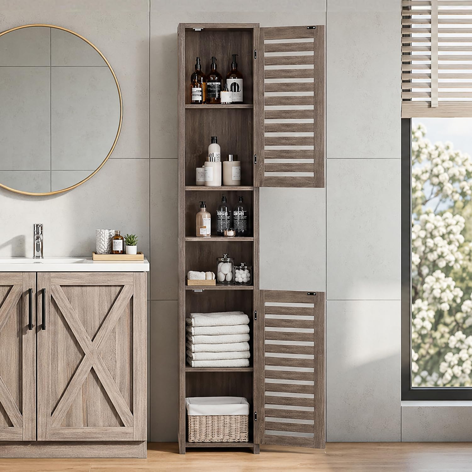 VECELO Tall Bathroom Cabinet with 2 Doors, 67" H Narrow Storage Unit with Adjustable Shelves