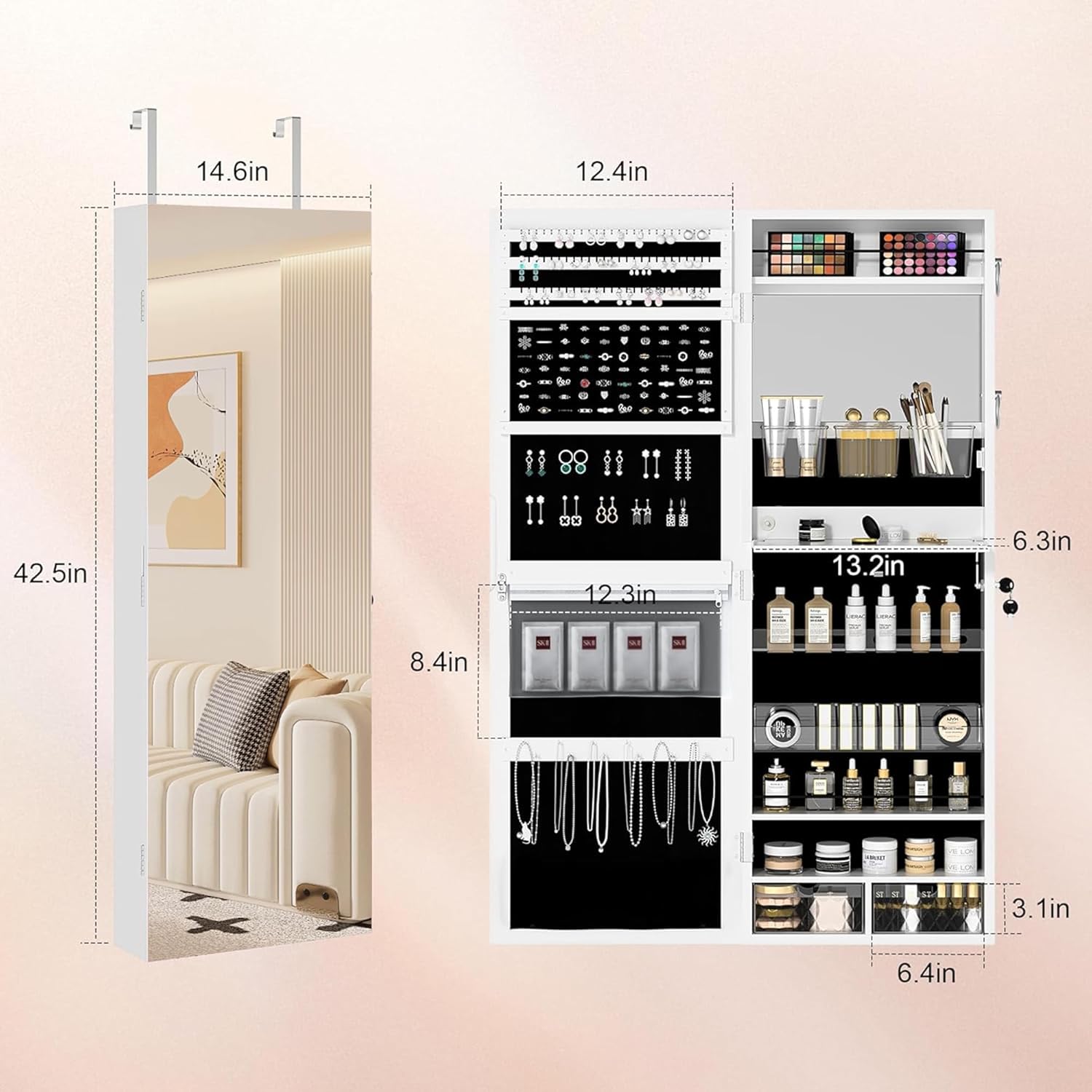 VECELO LED Mirror Jewelry Cabinet