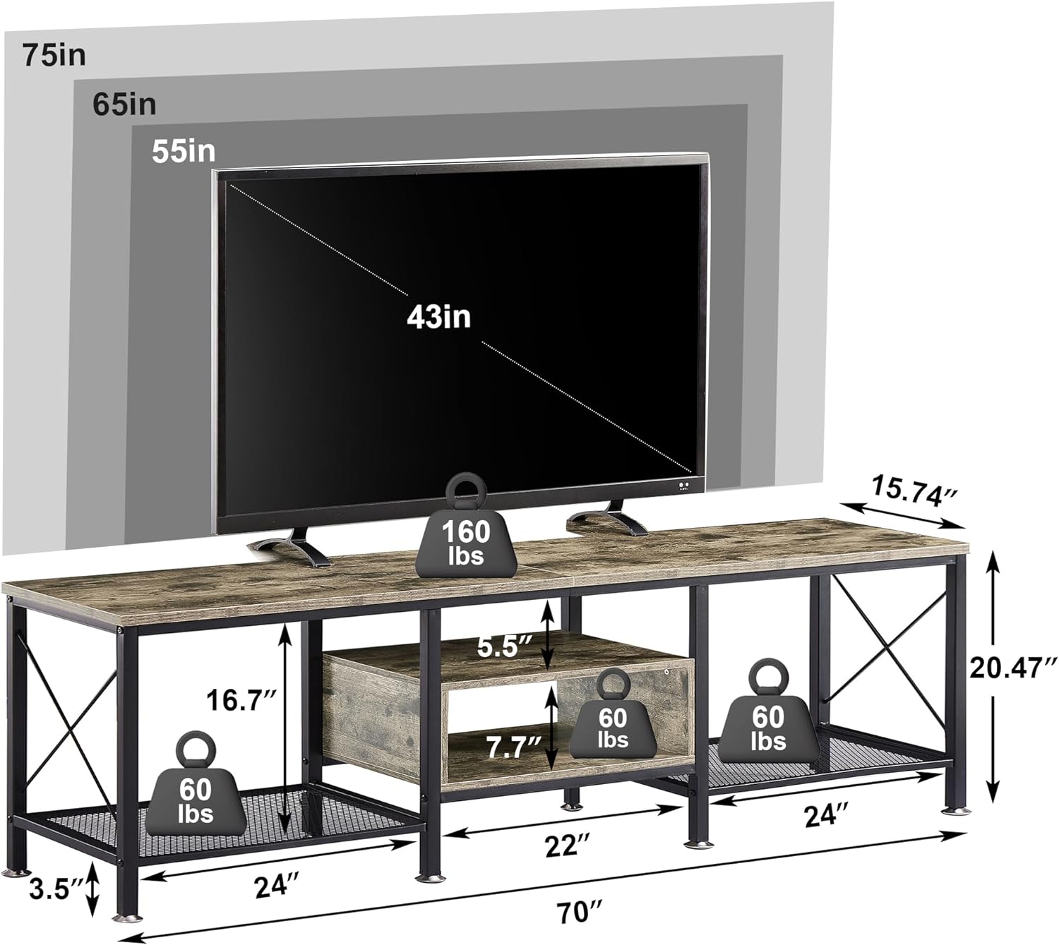 VECELO Industrial TV Stand Television Cabinet 3-Tier Console with Open Storage Shelves, Entertainment Center with Metal Frame for Living Room