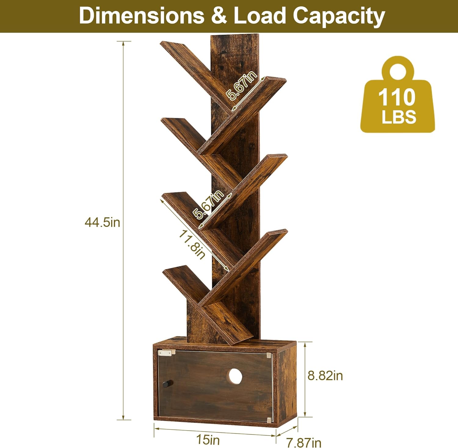 VECELO Tree Bookshelf, 7-Tier Tree Bookcase Wood Shelves Display with Storage Cabinet