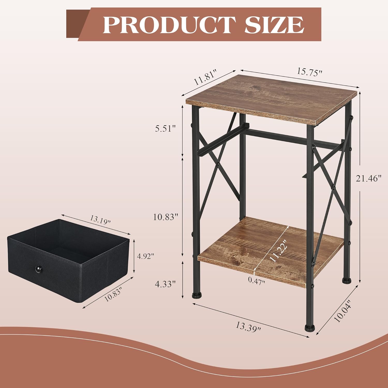 VECELO Nightstand Set of 2, X-Design End Side Table with Fabric Storage Drawer and Open Shelf