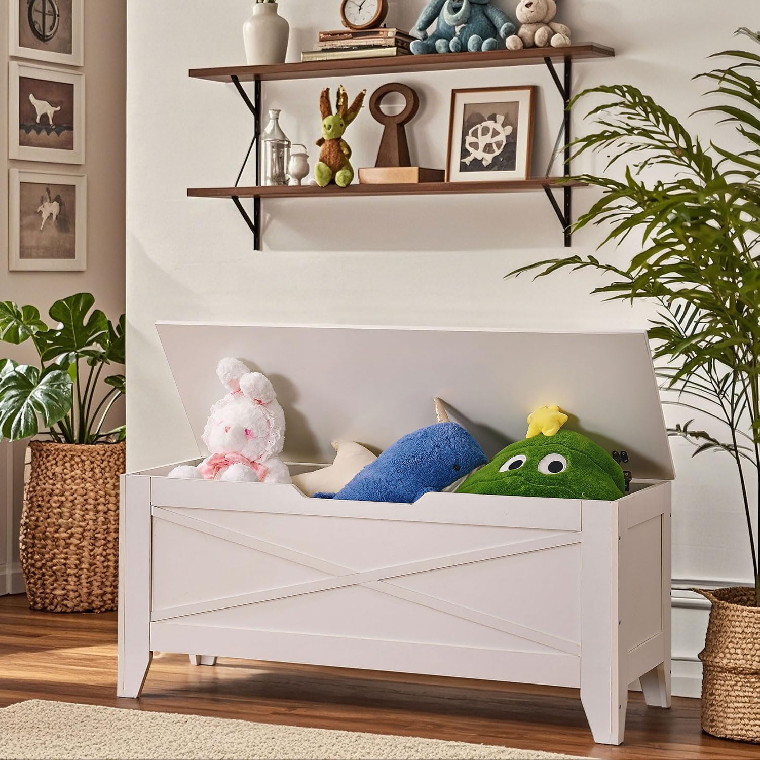 VECELO Storage Bench,43.3in Wooden Chest for Storage with Safety Hinges Wicker-Kont Mats