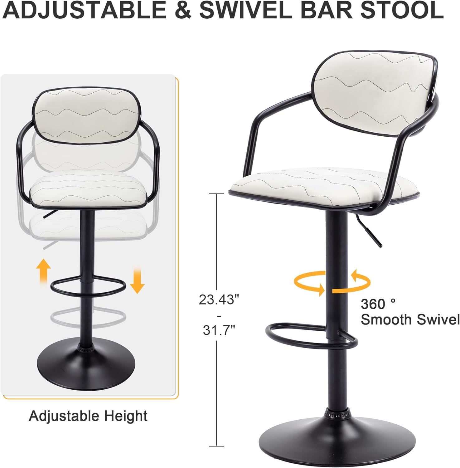 VECELO Bar Stools Set of 2, Adjustable Counter Height Barstools with Back and Arm - VECELO