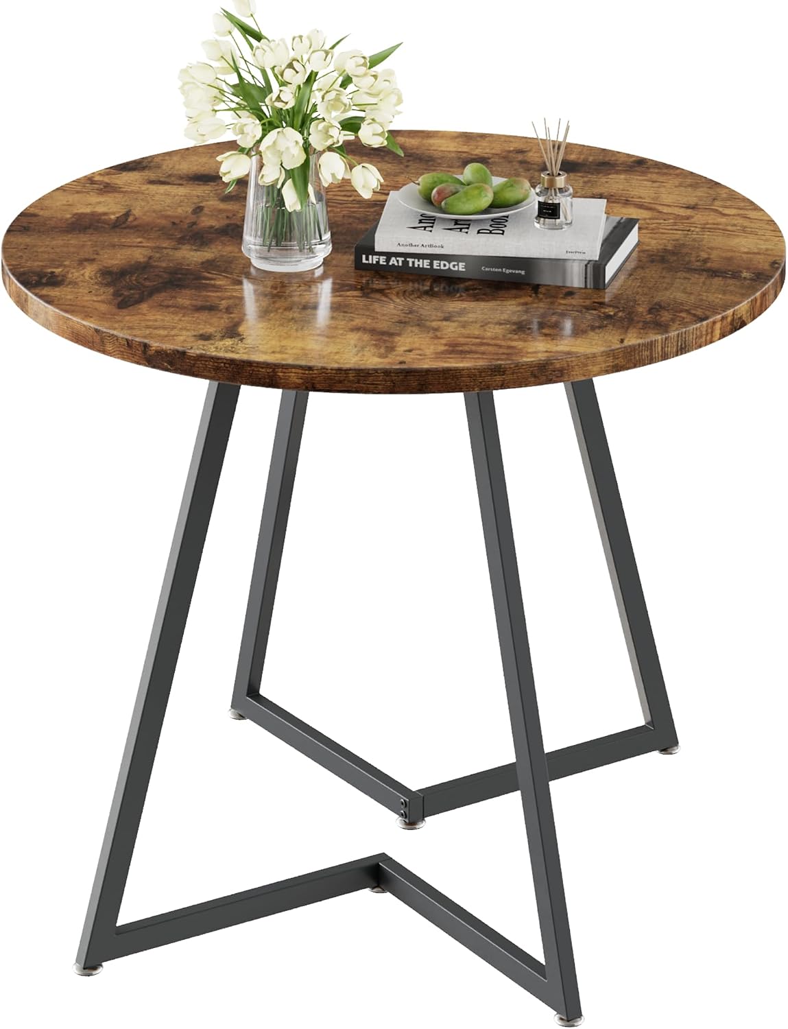 VECELO Round Dining Room Table with Wood Grain Tabletop and Steel Frame