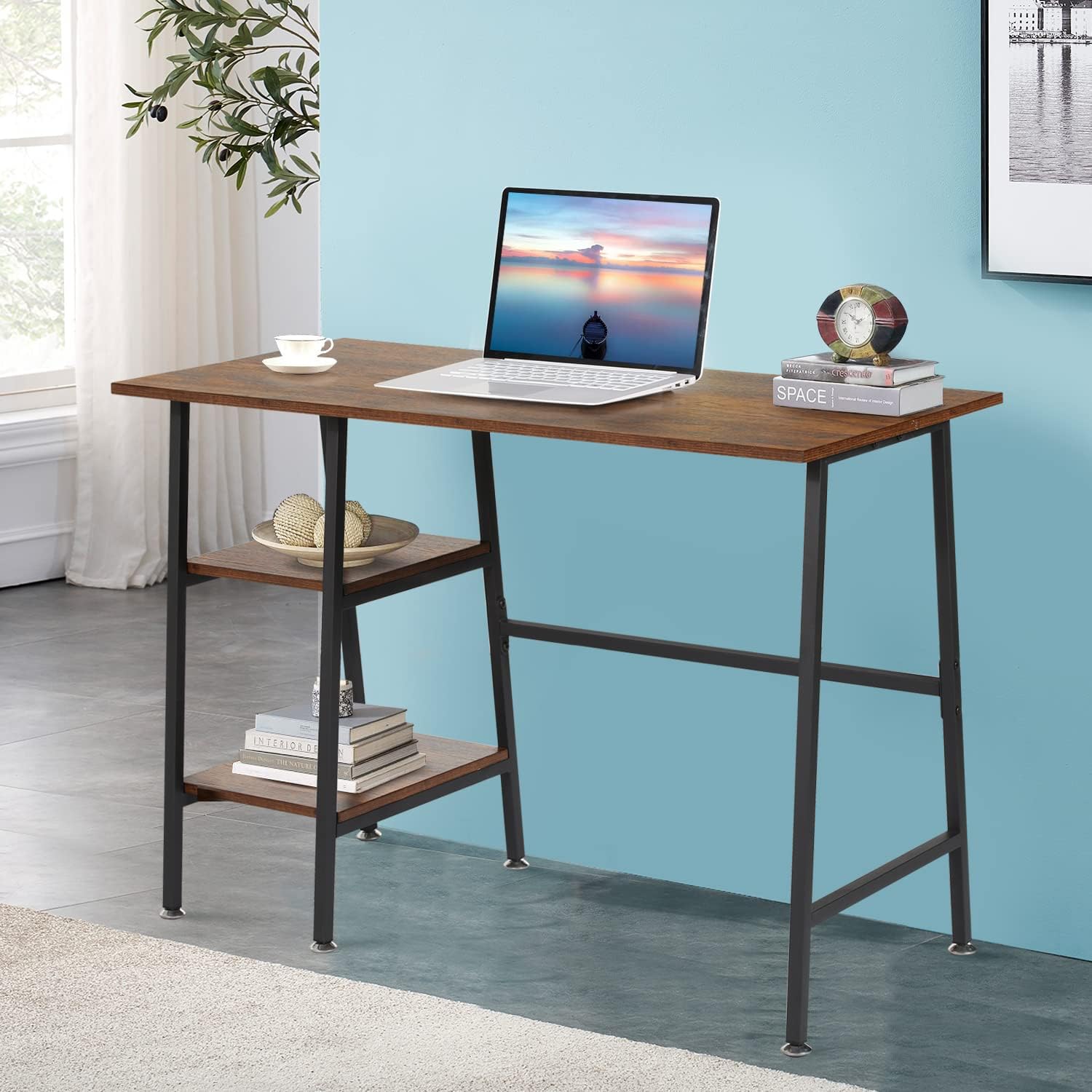 VECELO Computer Writing Desk with 2 Tier Storage Shelves, Modern Simple Student Study Table - VECELO