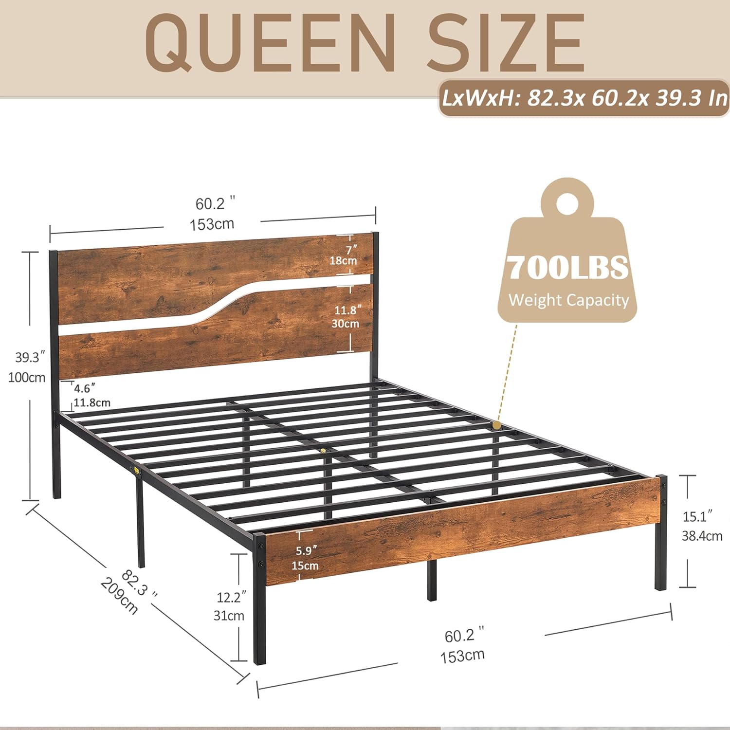 VECELO Platform Bed Frame/Mattress Foundation with Rustic Vintage Wood Headboard