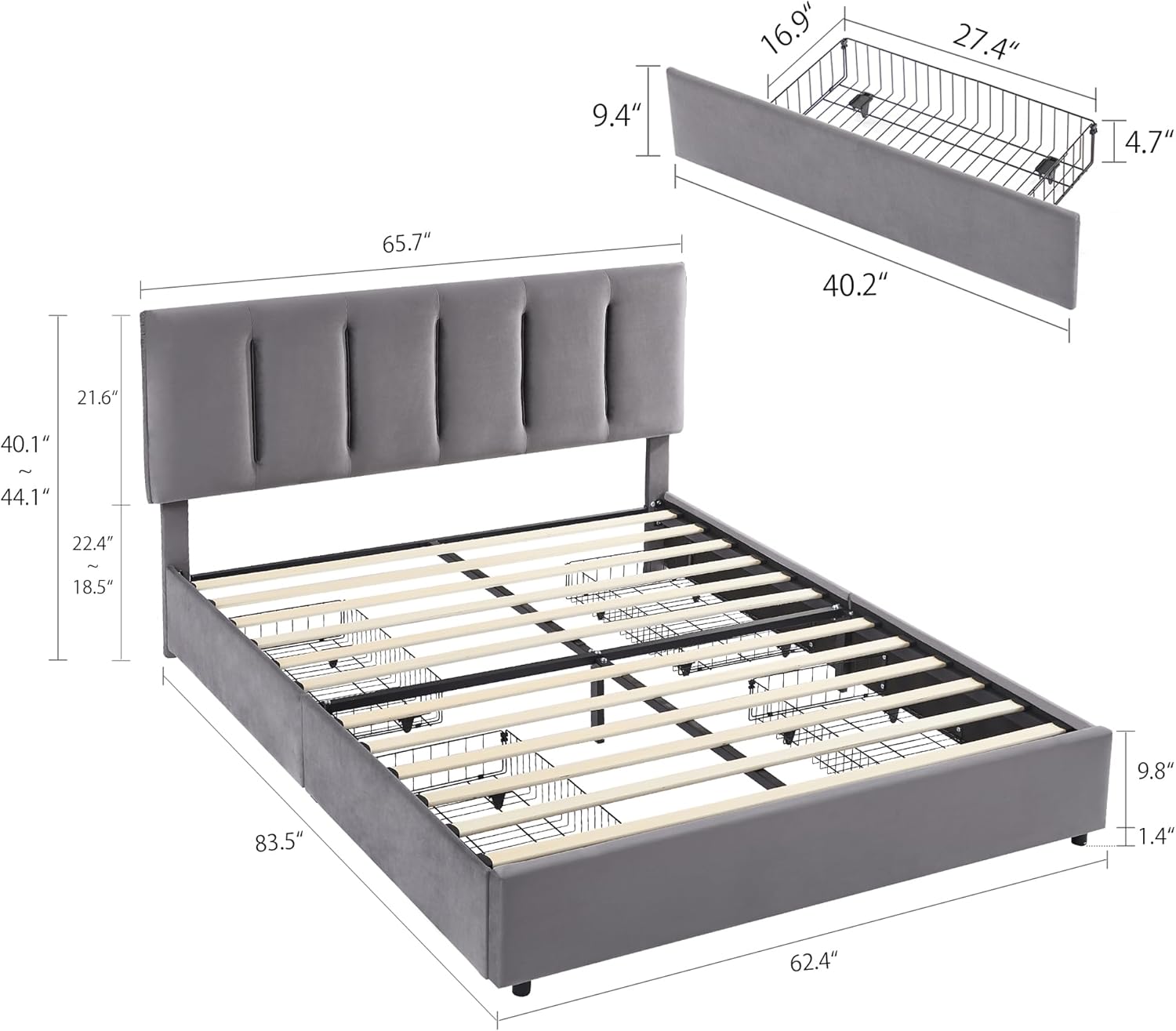 VECELO Upholstered Bed Frame with 4 Storage Drawers and Adjustable Velvet Headboard