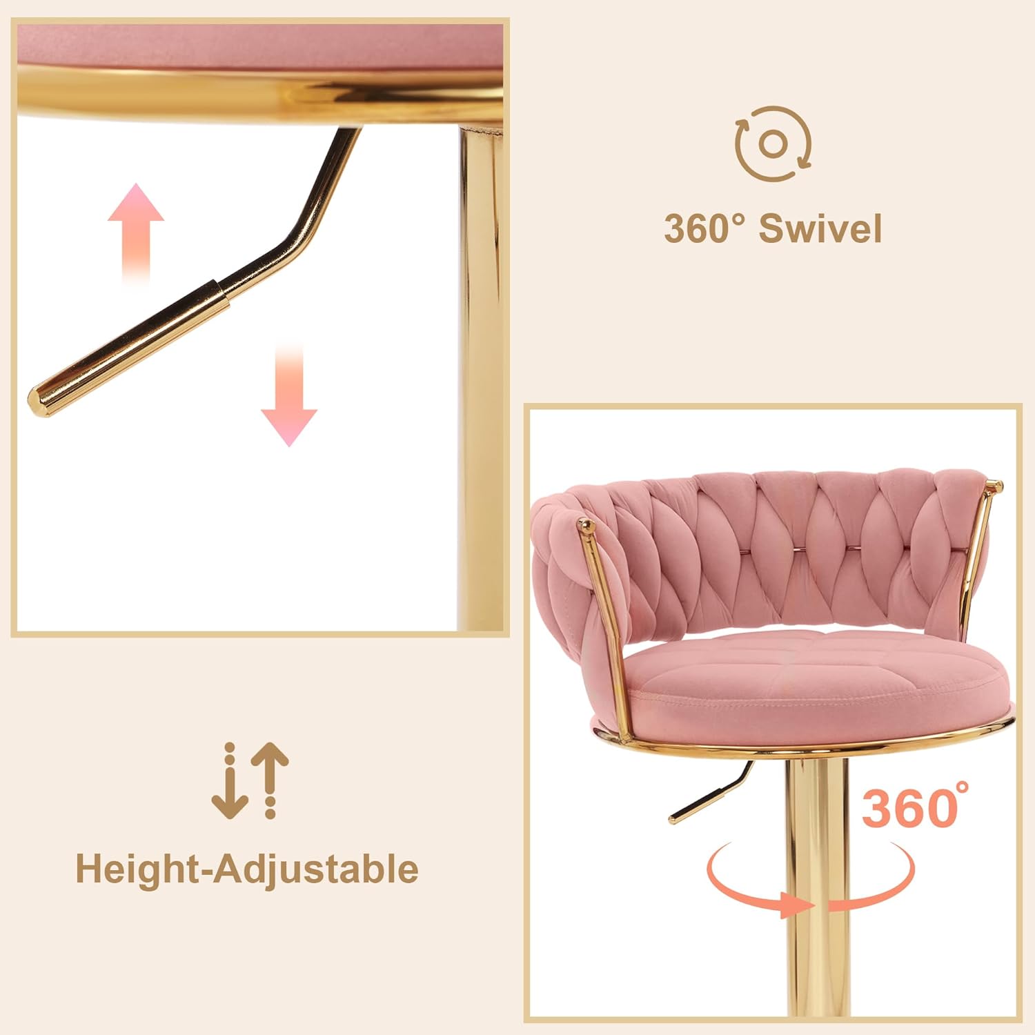 VECELO Bar Stools Set of 2, Adjustable Barstools Counter Height Stools with Back and Arm - VECELO