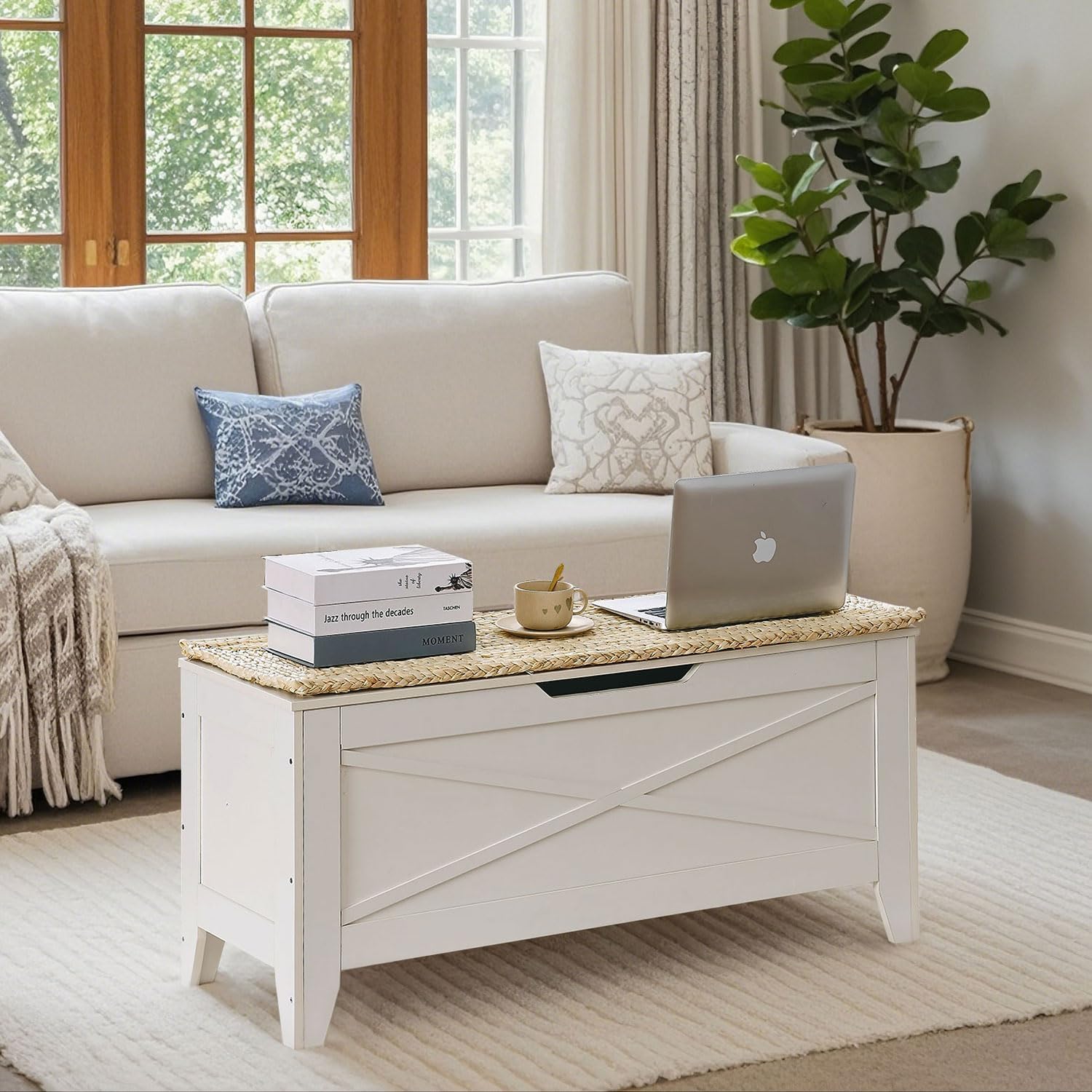 VECELO Storage Bench,43.3in Wooden Chest for Storage with Safety Hinges Wicker-Kont Mats