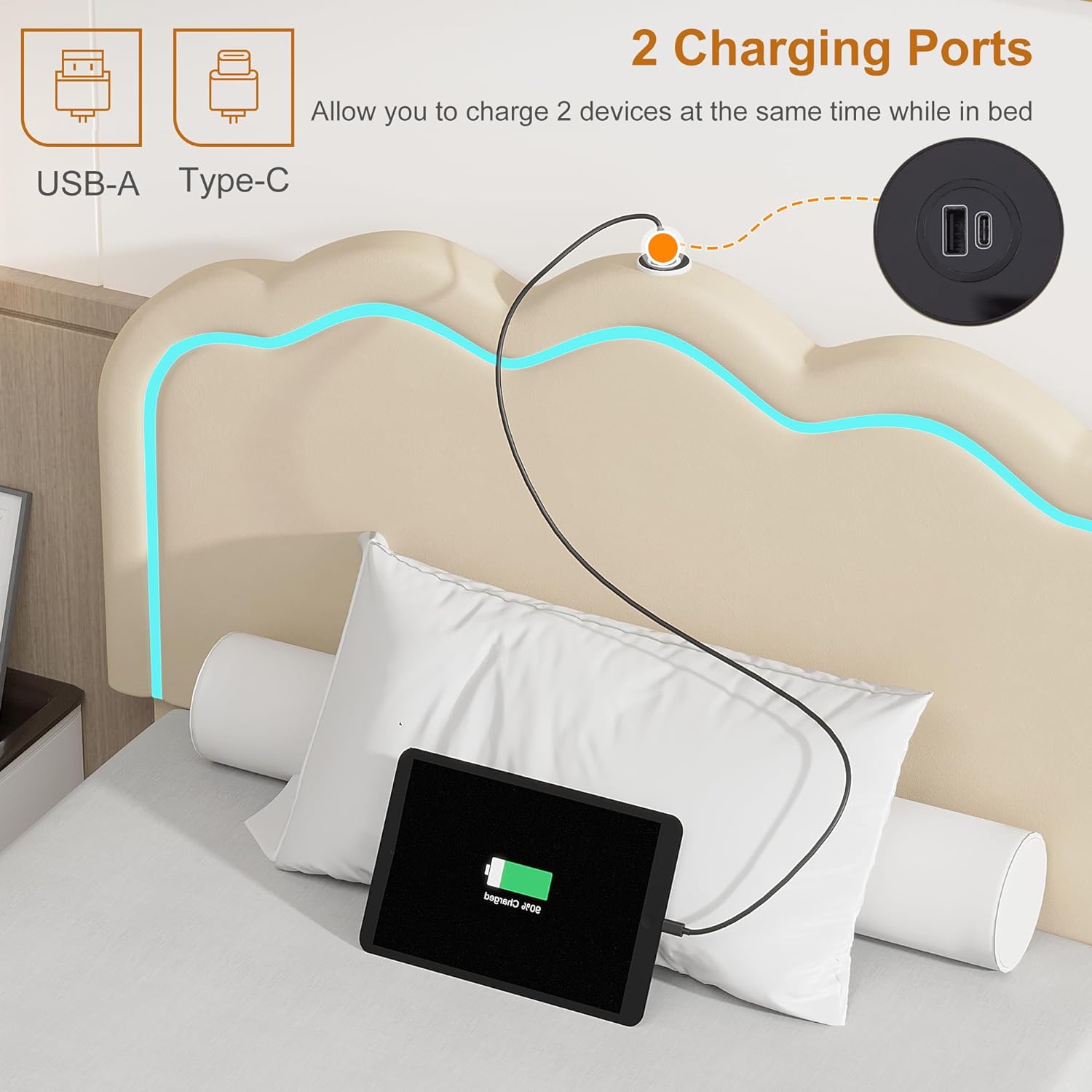 VECELO Upholstered Velvet Platform Bed Frame with Headboard Adjustable, LED Lights, USB-A & Type-C