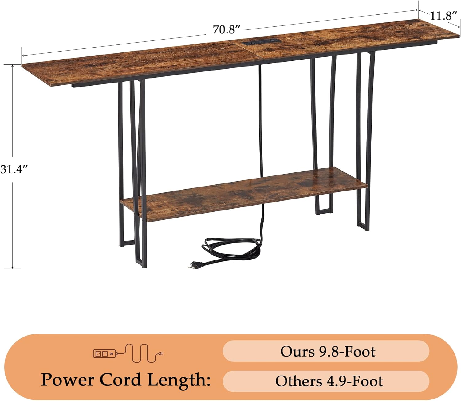 VECELO Couch Side & Console Table with 2 Outlets & 2 USB Ports
