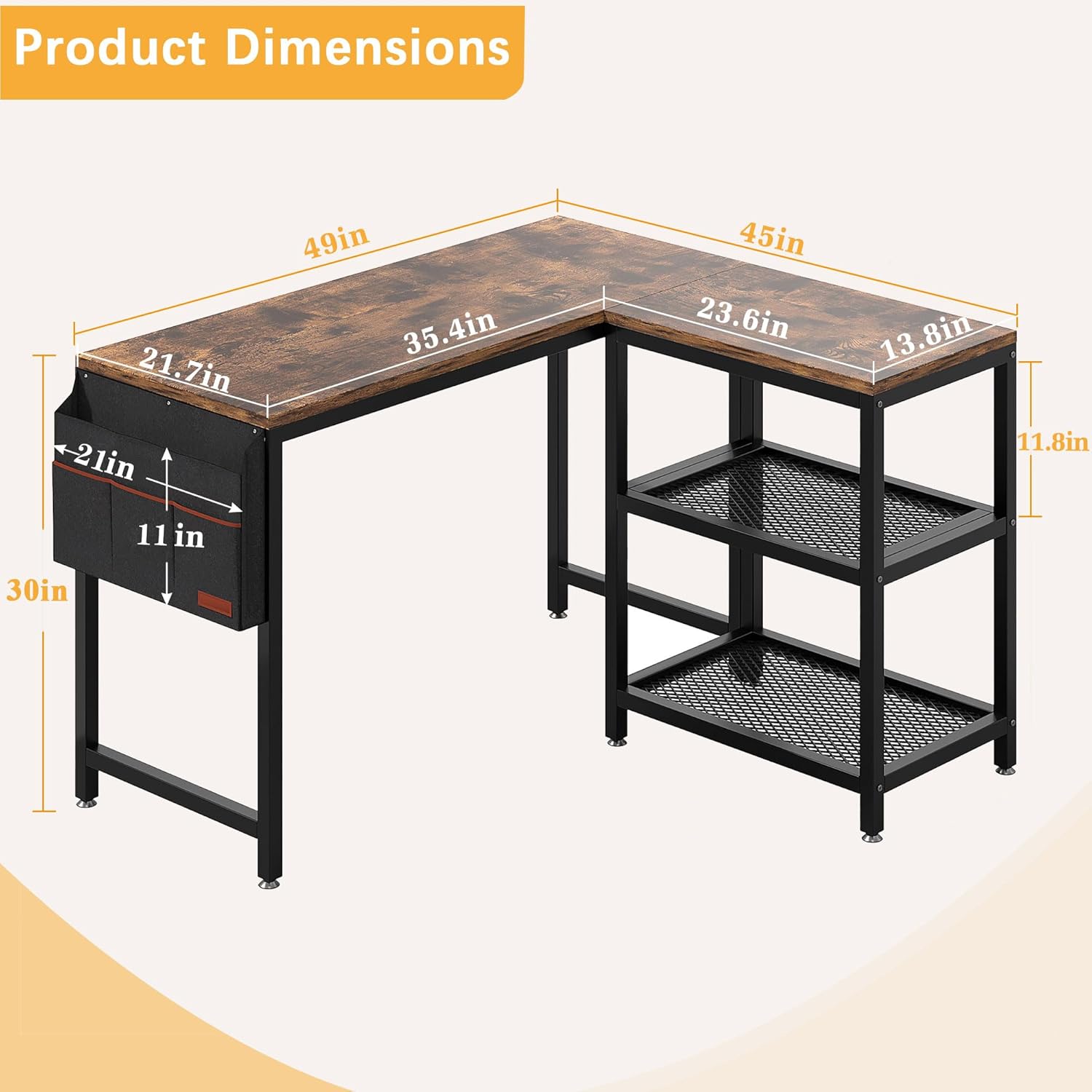 VECELO L Shaped Computer Desk with Storage Shelves & Bag