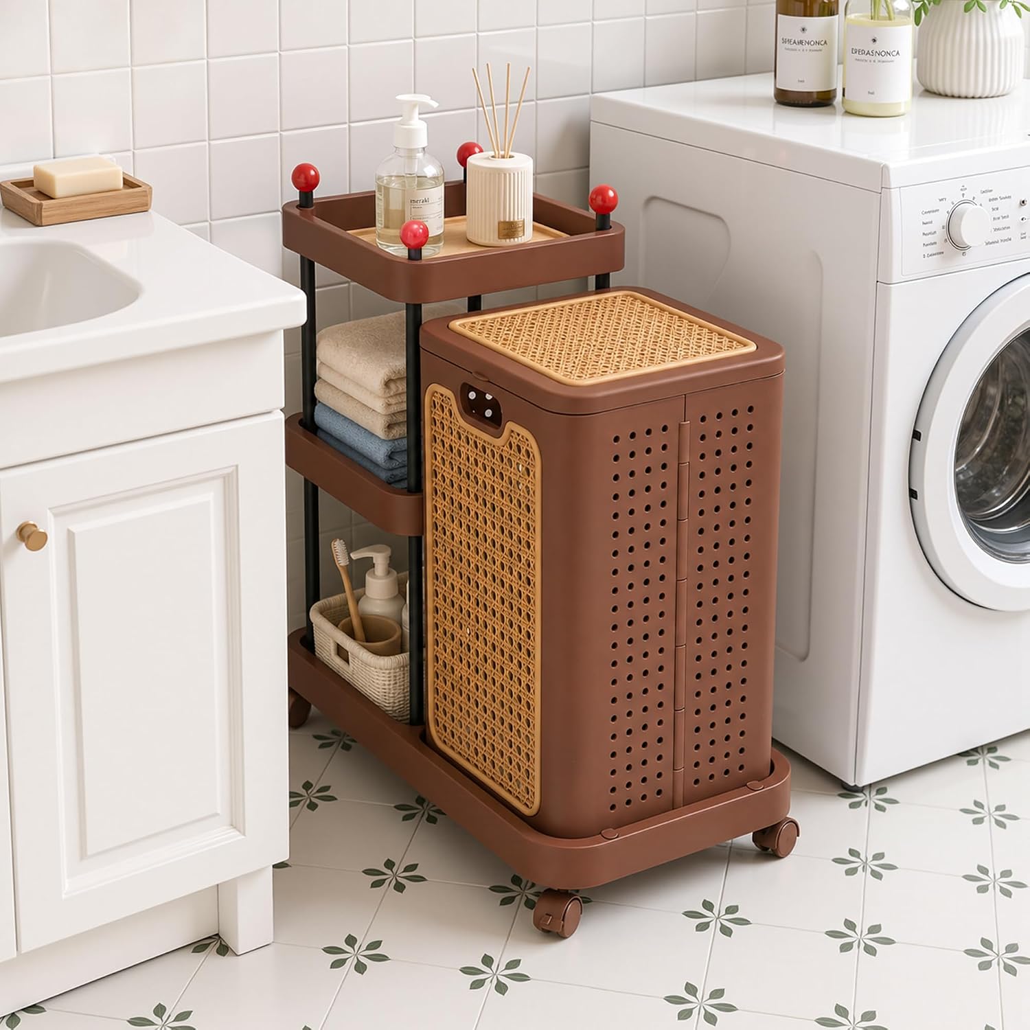 VECELO Rattan-Style Rolling Laundry Hamper Cart