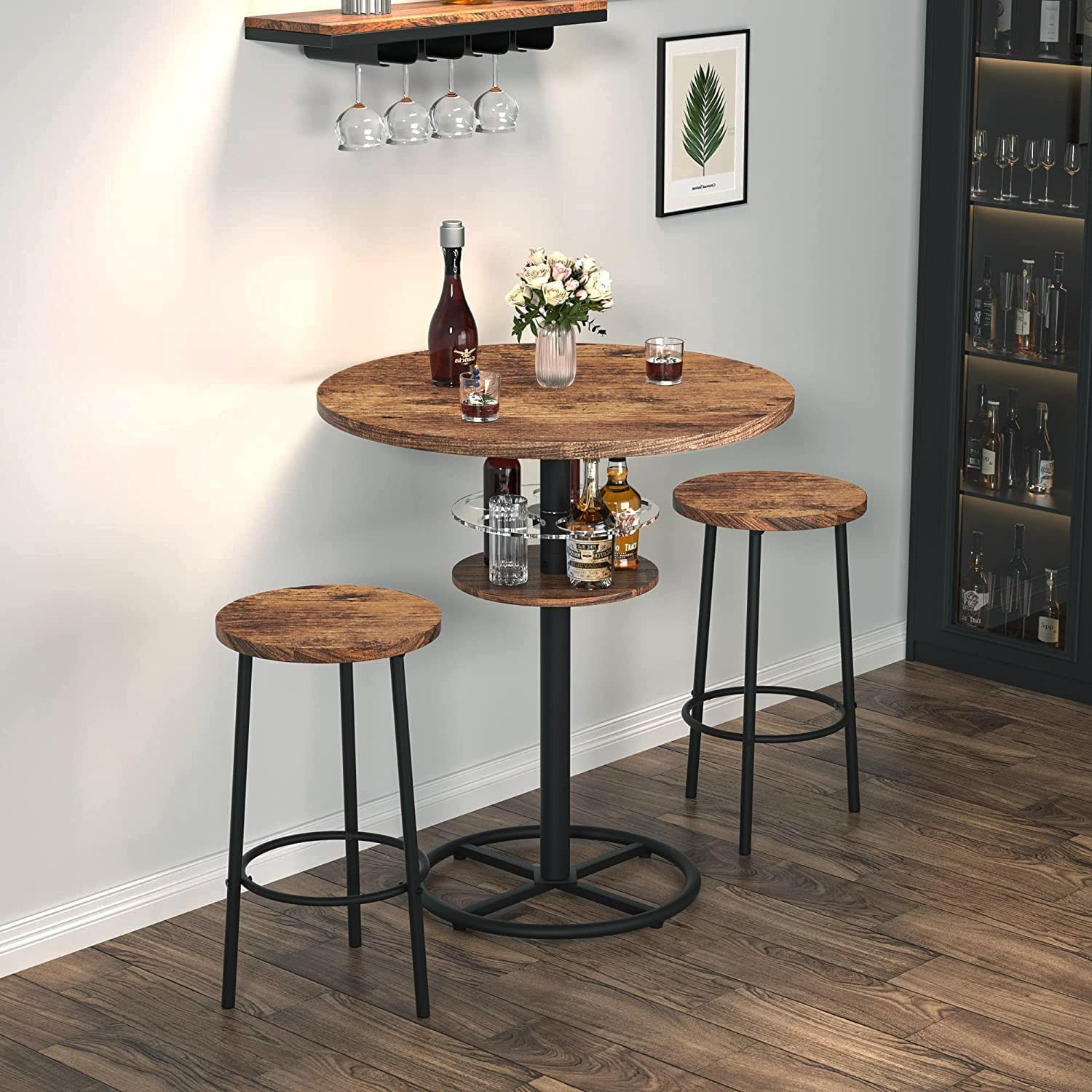 VECELO 3 Piece Bar Table Set, Small 2-Tier Round Pub Table with Barstools
