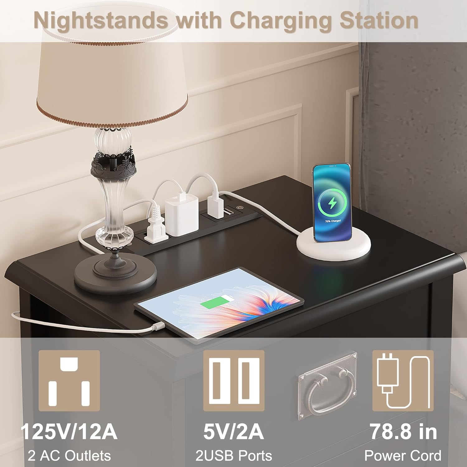 VECELO Nightstand Set of 2 with Charging Station