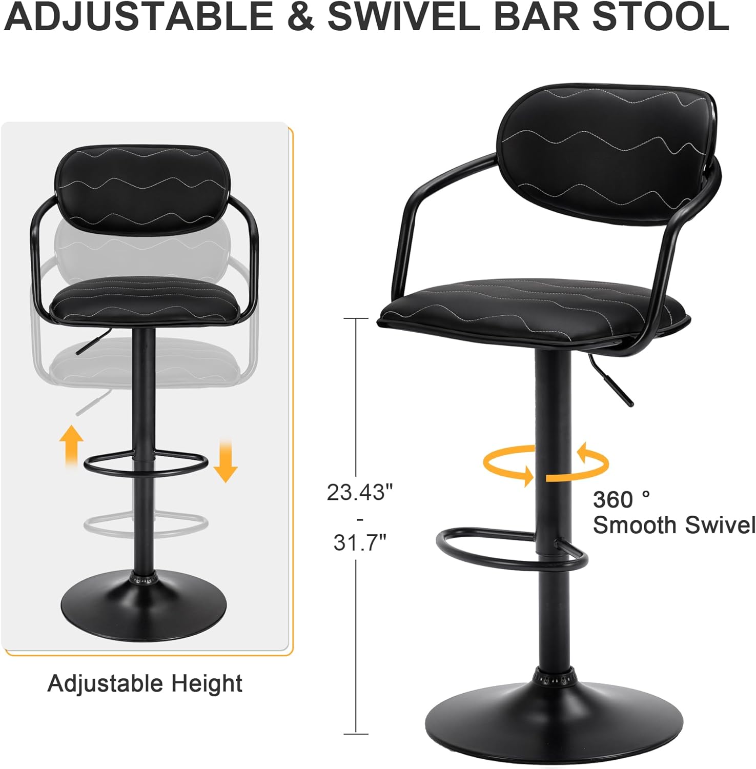 VECELO Bar Stools Set of 2, Adjustable Counter Height Barstools with Back and Arm - VECELO