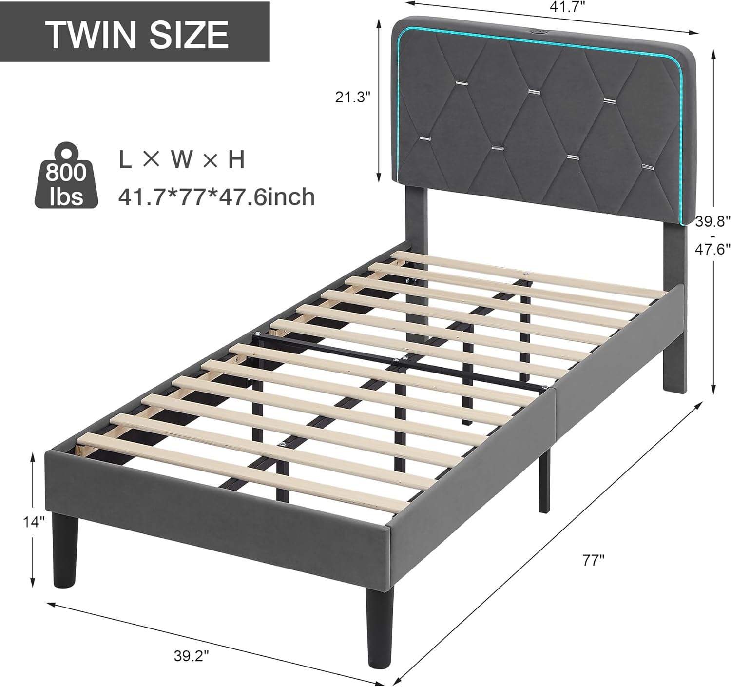 VECELO Upholstered Bed Frame with LED Lights, Charging Station, Velvet Platform Bed