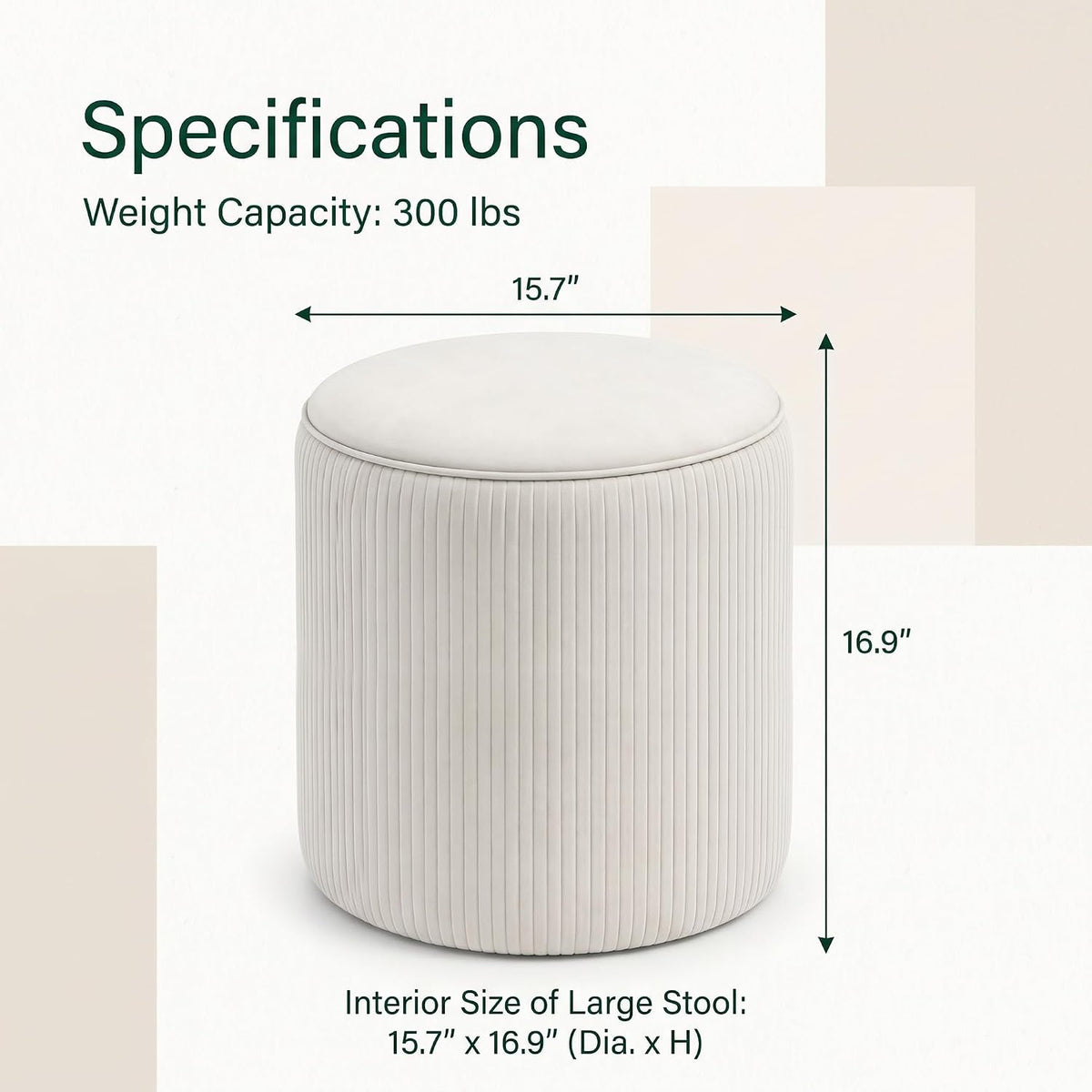 VECELO Round Velvet Storage Ottoman, Beige Upholstered Padded Vanity Stool,