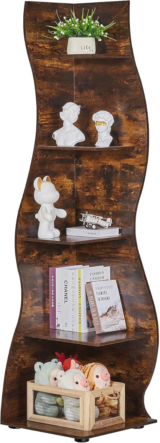VECELO Wavy Corner Shelf, Decorative 5-Tier Storage Bookshelf
