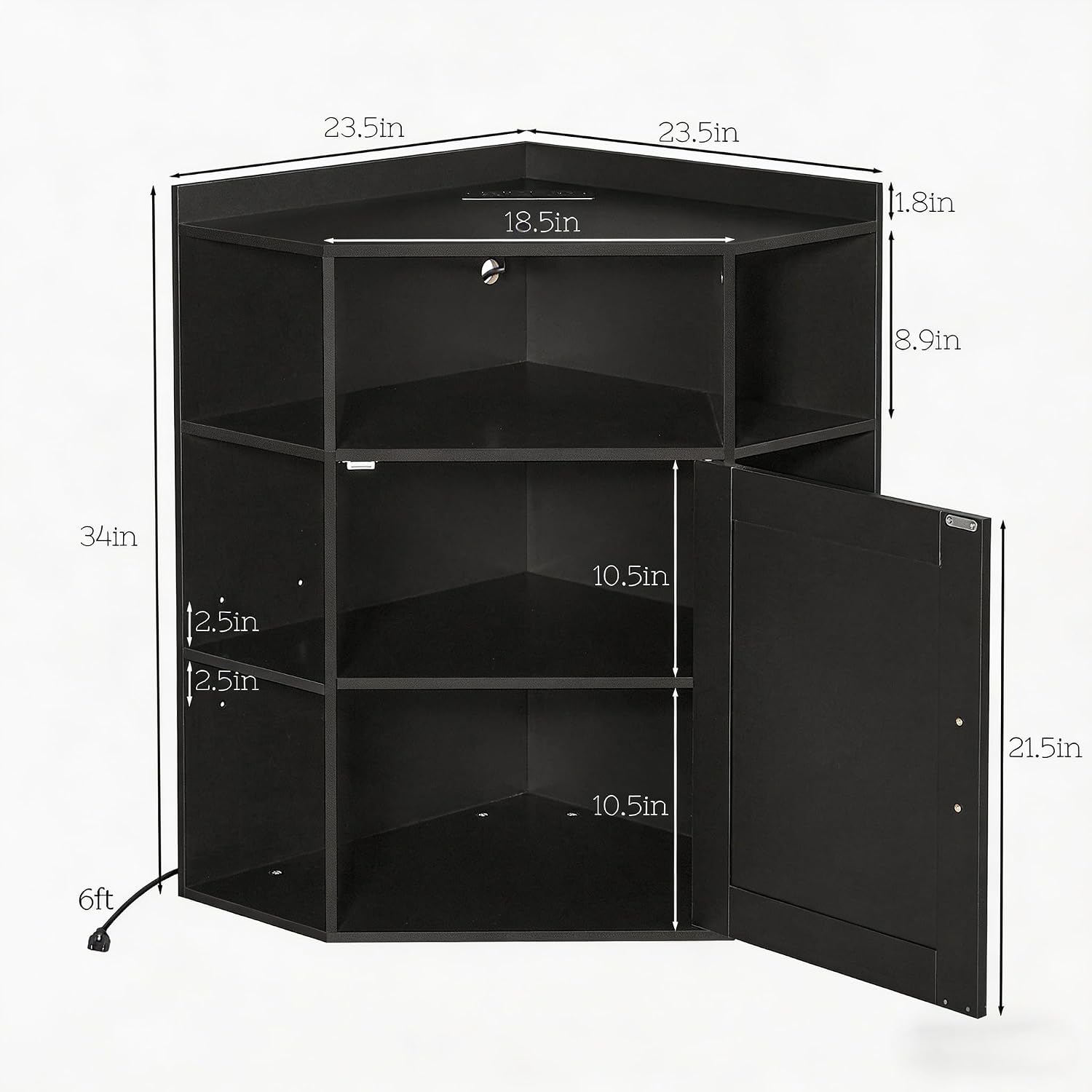 VECELO Corner Storage Cabinet with Charging Station, 34" Shelf with Door & Adjustable Shelves