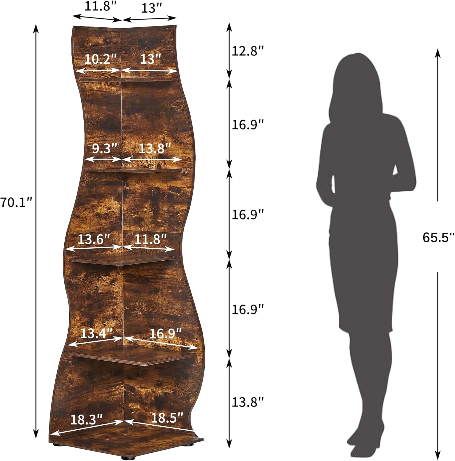 VECELO Wavy Corner Shelf, Decorative 5-Tier Storage Bookshelf