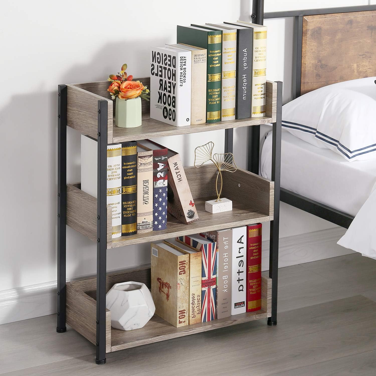VECELO Bookshelf, 30" H Small Bookcase,3-Tier Storage Organizer,Wood Bookcase with Steel Frame
