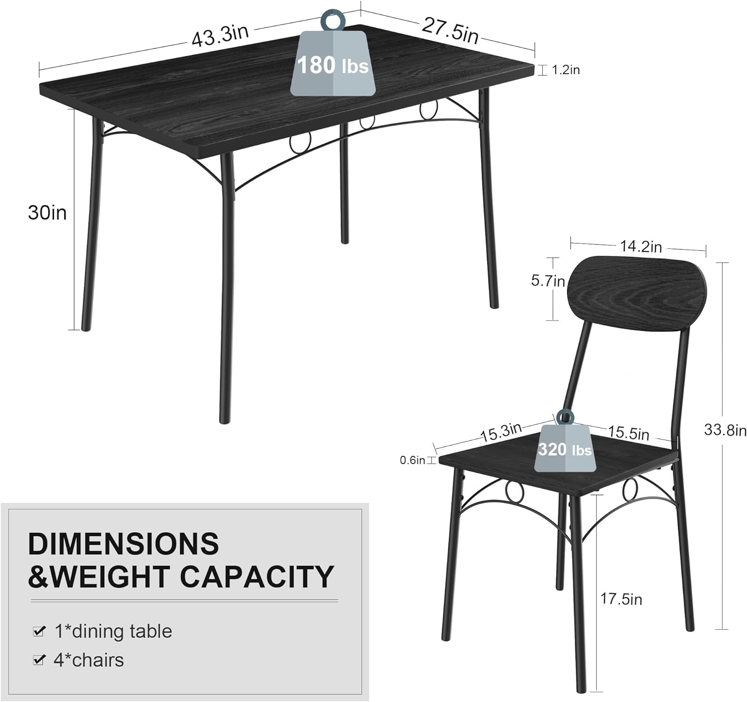 VECELO Farmhouse Style 5 Piece Dining Table Set Metal and Wood Rectangular Table with 4 Chairs - VECELO